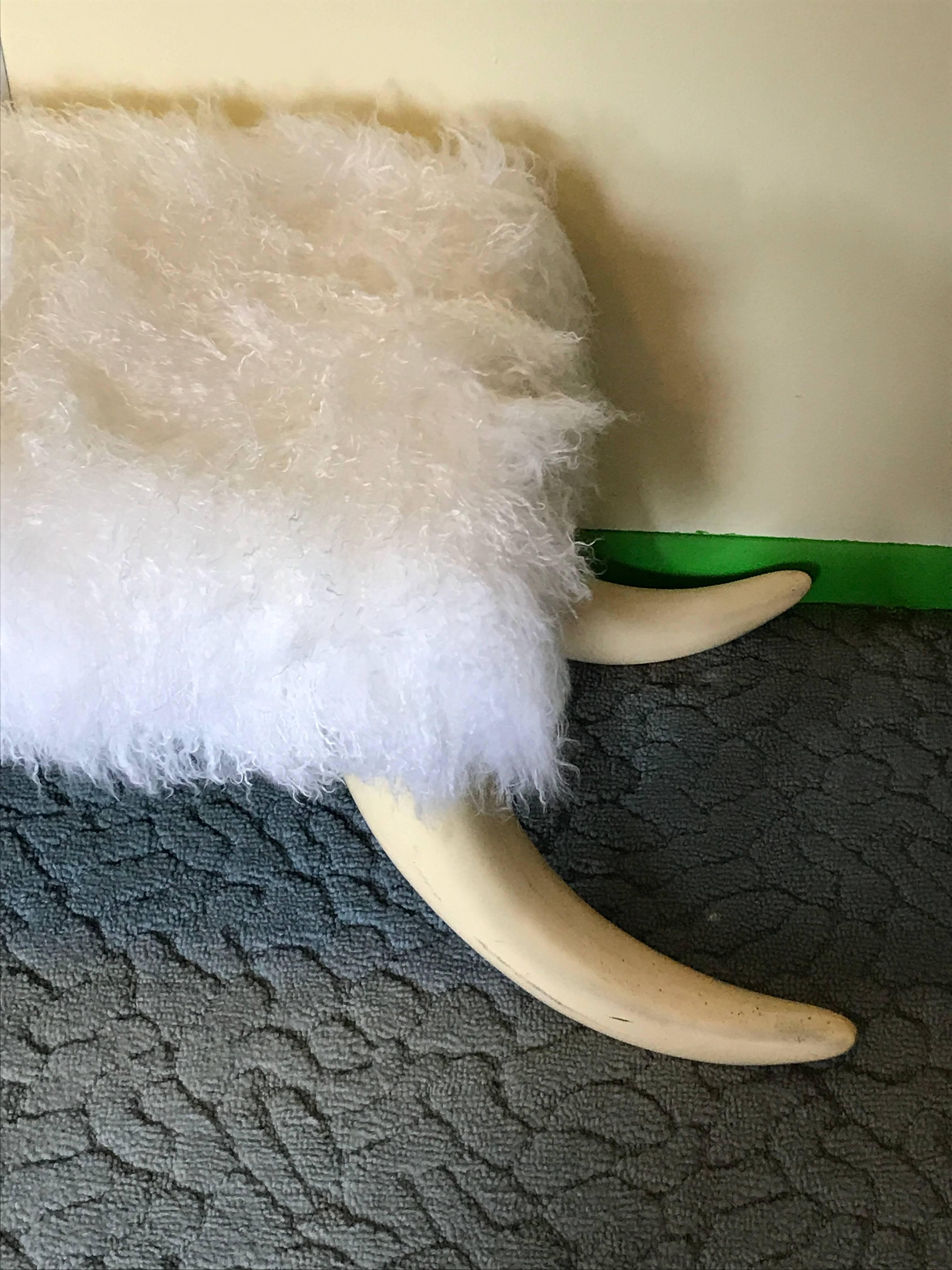 American 1970s Tusk Bench with New Natural Long Hair Goat Upholstery For Sale