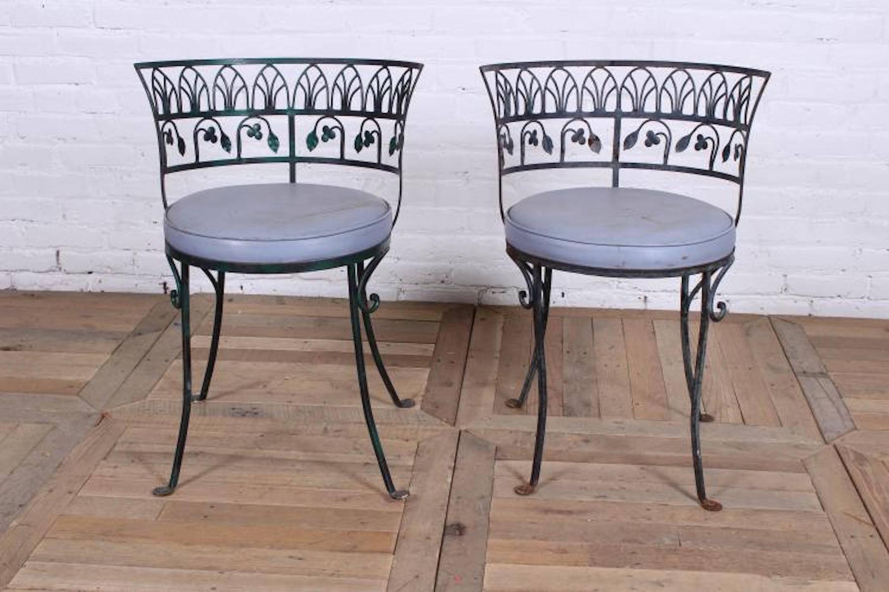 Pair of Grand Tour style Salterini garden chairs, after the Greek antique, each one with a pierced semicircle barrel back, with vintage round upholstered seats ready for upholstery.

 