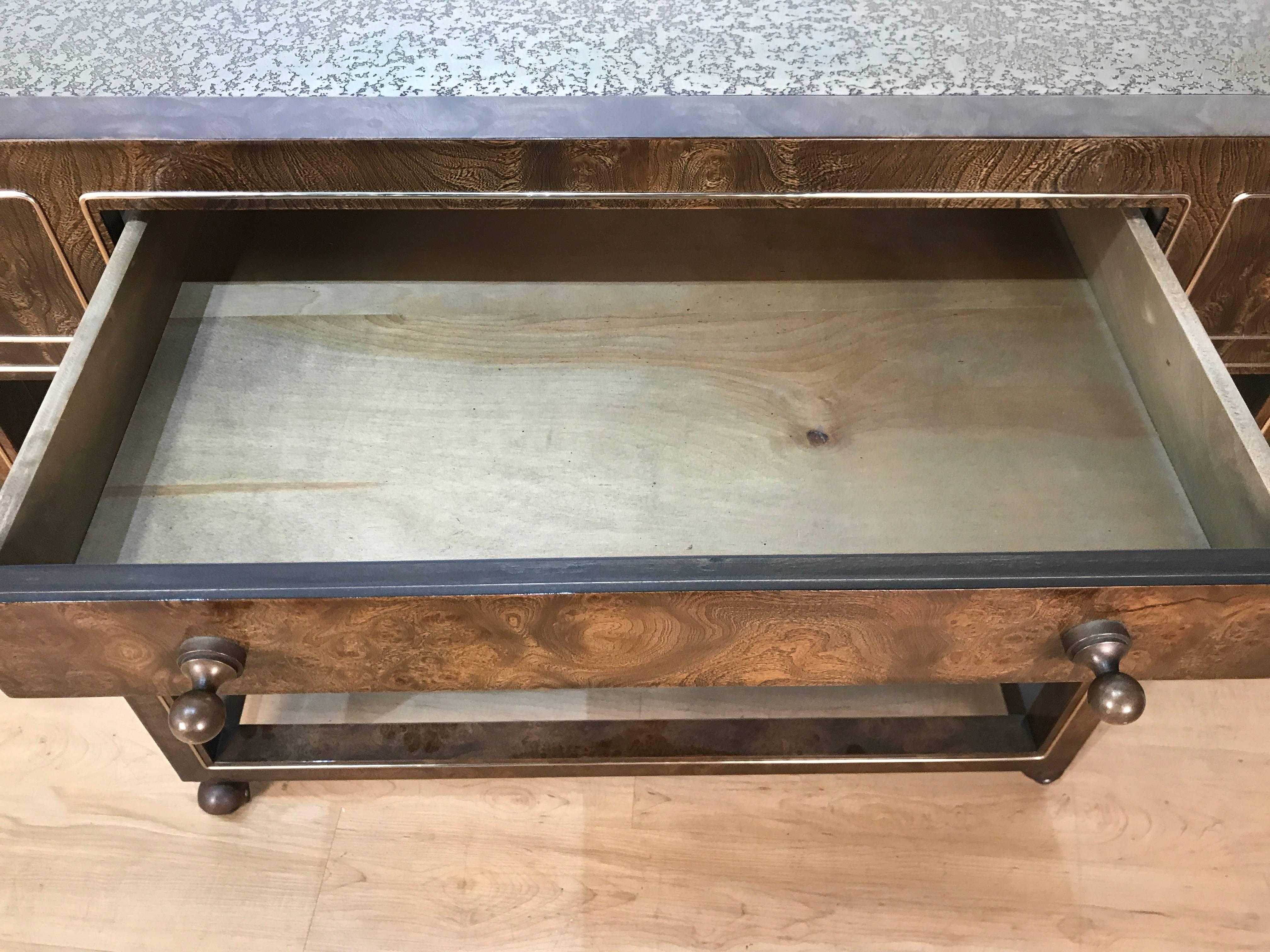 Stunning Mastercraft Burl Wood Server with Acid Washed Bronze Extension Top For Sale 1