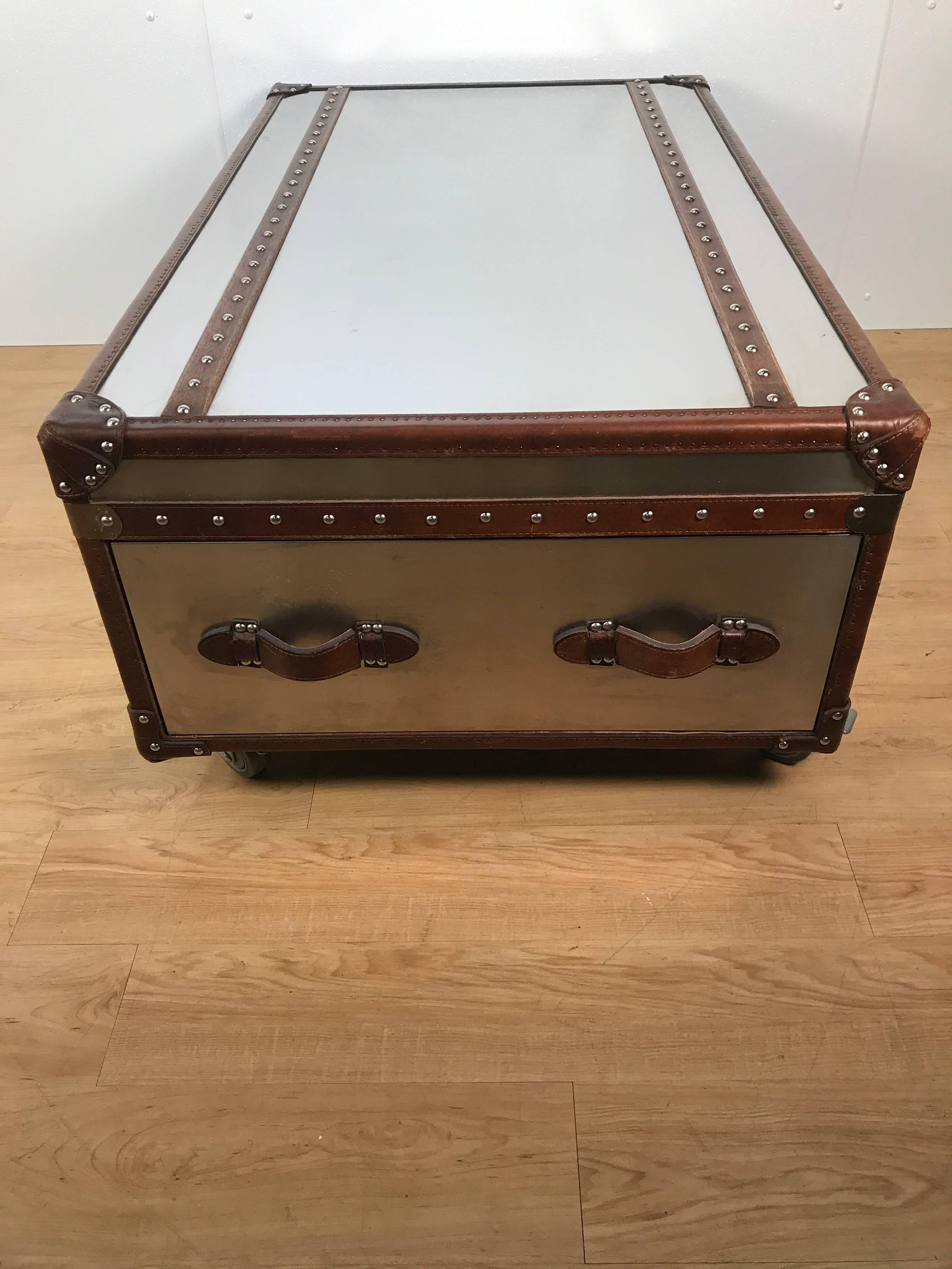 Campaign Stainless Steel and Leather Bound Trunk Coffee Table with Two Side Drawers