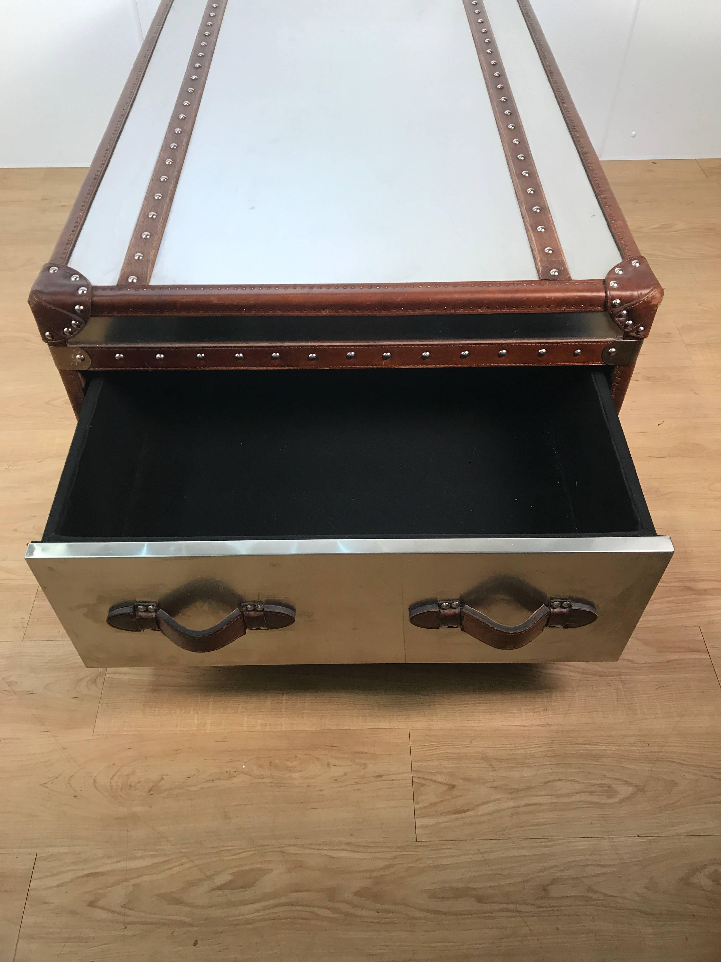 Polished Stainless Steel and Leather Bound Trunk Coffee Table with Two Side Drawers