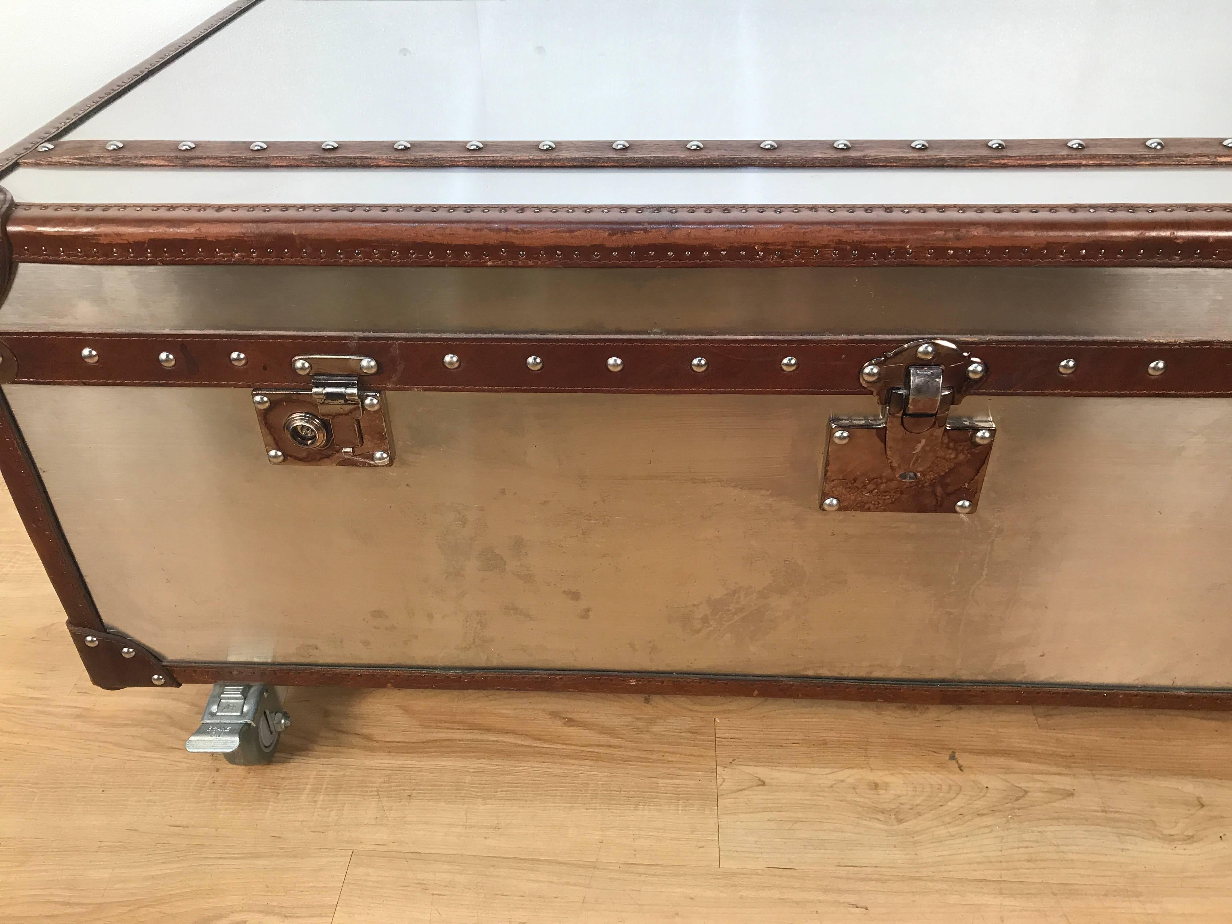 Stainless Steel and Leather Bound Trunk Coffee Table with Two Side Drawers In Good Condition In Atlanta, GA