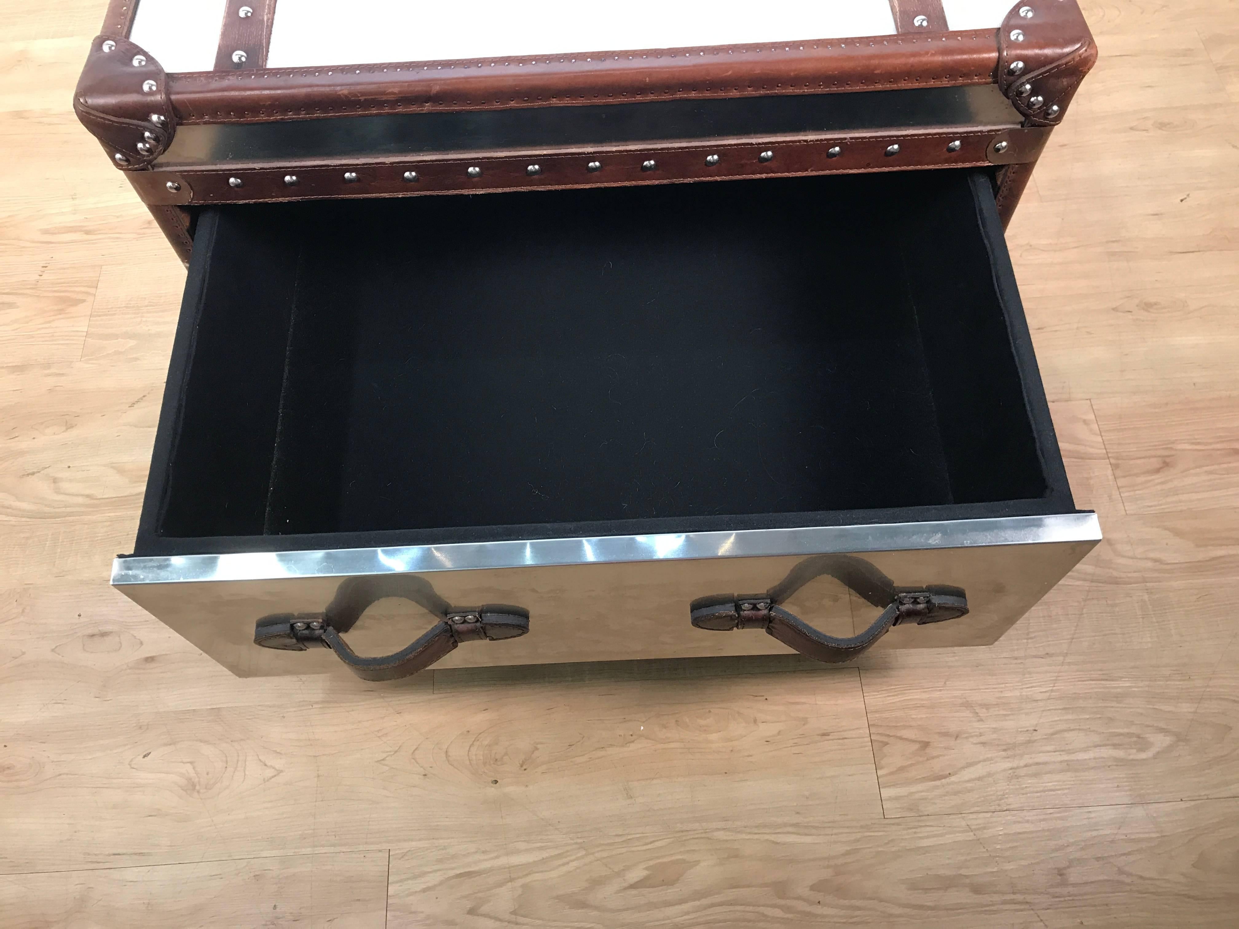 20th Century Stainless Steel and Leather Bound Trunk Coffee Table with Two Side Drawers