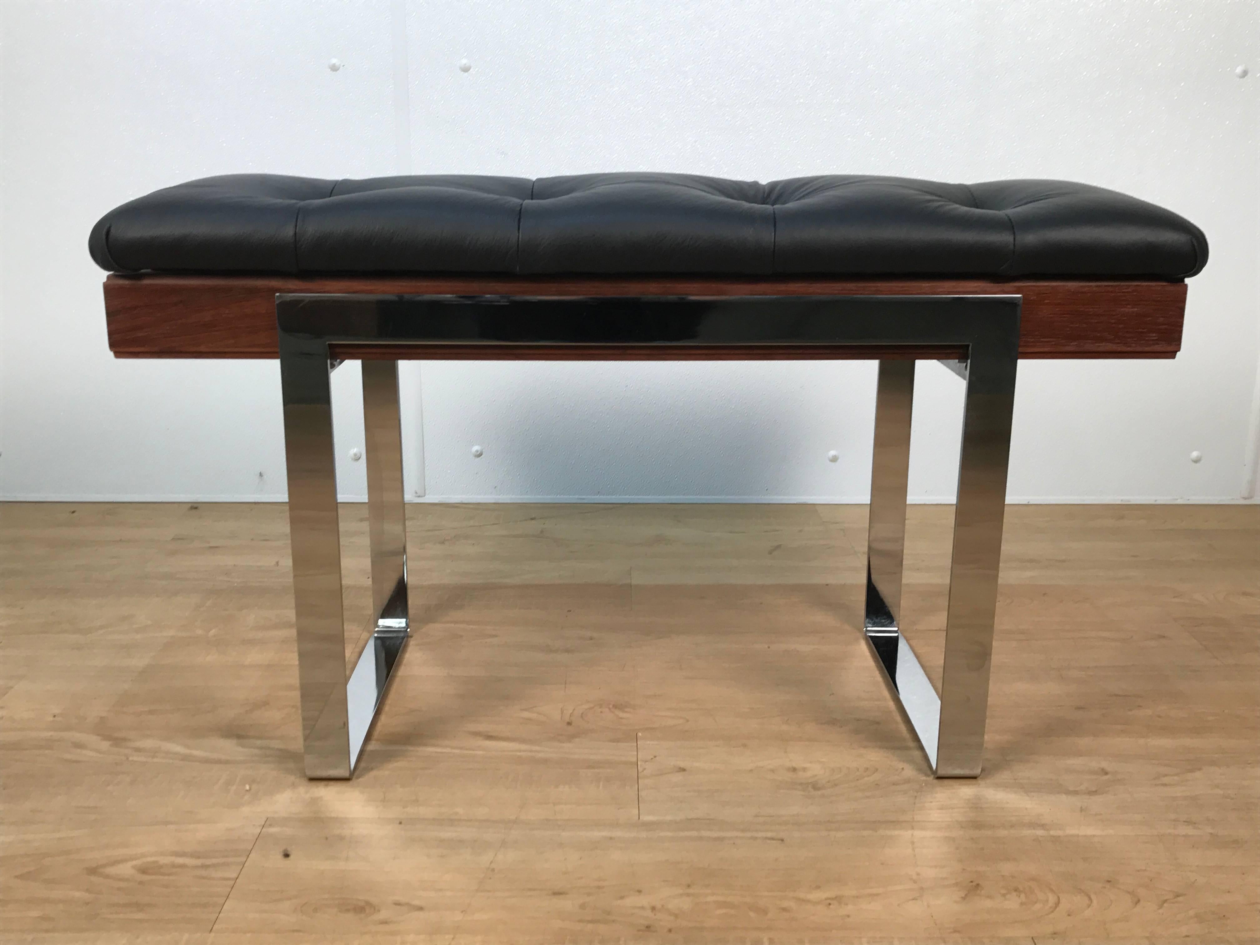 Milo Baughman leather and rosewood bench, newly upholstered black leather seat.