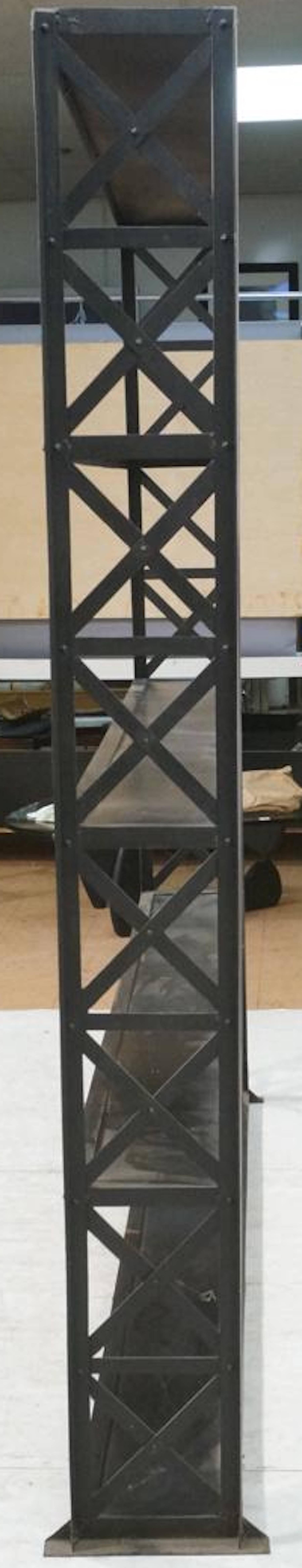 Large and Narrow Industrial Blackened Iron and Steel Bookcase or Etagere 1