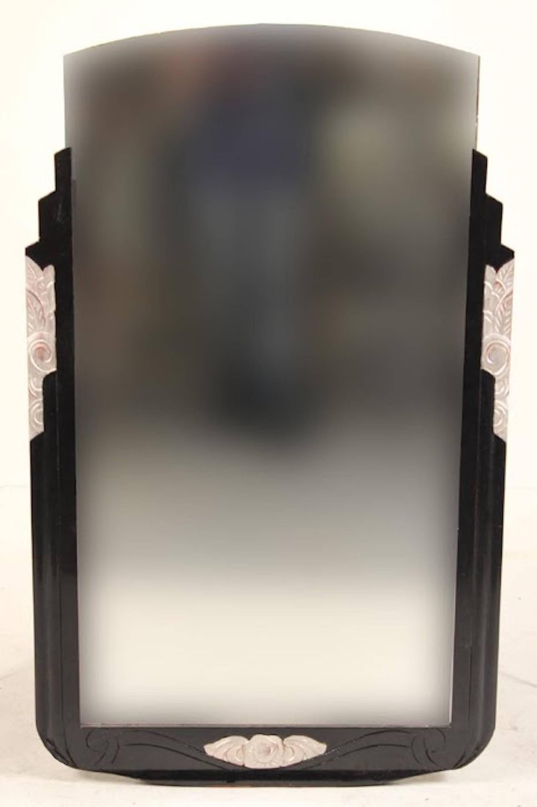 Lacquered Art Deco Ebonized and Silver Leaf Mirror