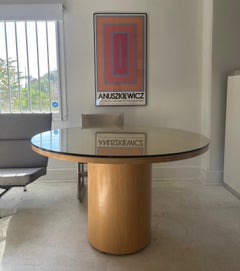 2000s Knoll Reff Round Oak Bamboo Drum Pedestal Dining Table Beveled Glass Top