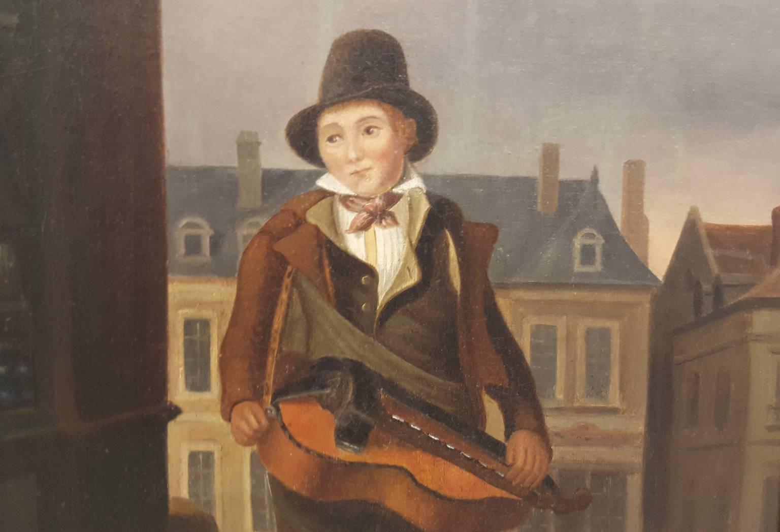 A small oil painting in excellent condition with canvas remounted. It is framed in a gold leafed frame, perhaps the original. It is signed by the artist on the lower left, however the painter's name is illegible. The subject is of a musician on a