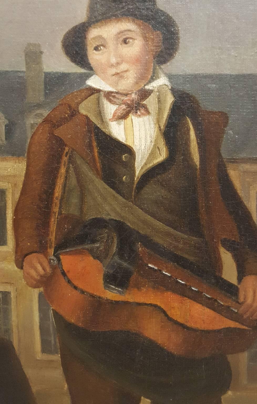 Louis Philippe Western European (French) 19th Century Oil Painting of Street Musician For Sale