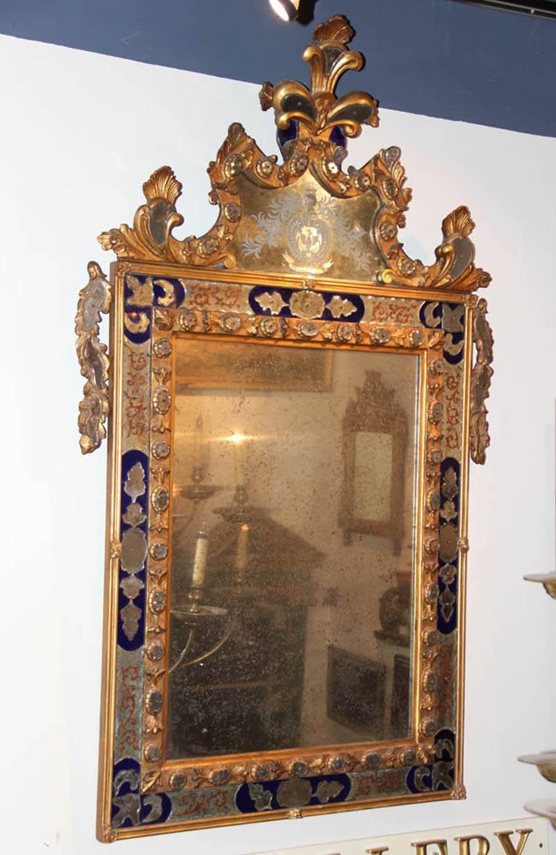 Italian Glittering 18th Century Venetian Cobalt Blue Glass and Parcel-Gilt Mirror