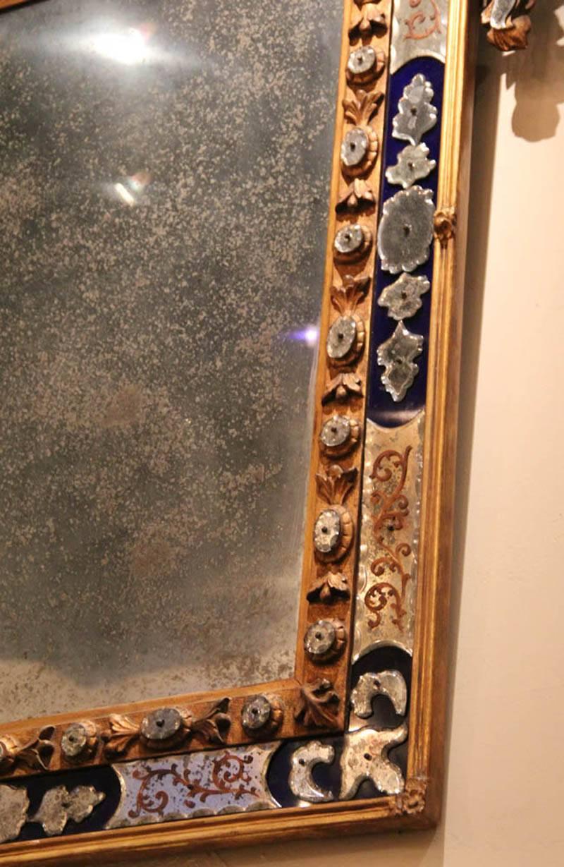 Glittering 18th Century Venetian Cobalt Blue Glass and Parcel-Gilt Mirror In Excellent Condition In San Francisco, CA