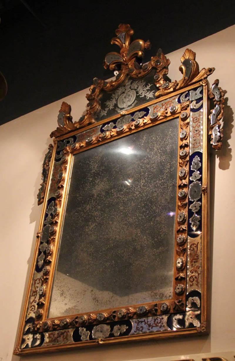 18th Century and Earlier Glittering 18th Century Venetian Cobalt Blue Glass and Parcel-Gilt Mirror
