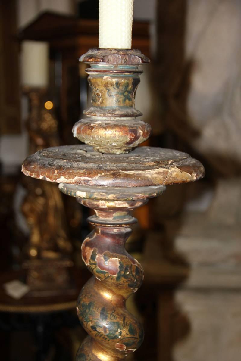 18th Century and Earlier Pair of 17th Century Italian Polychrome and Parcel-Gilt Barley Candlesticks For Sale