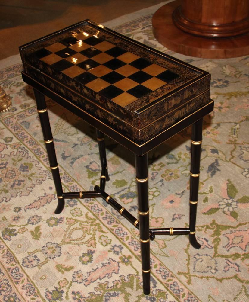 19th Century English Import Chinoiserie Black Lacquer Games or Cocktail Table For Sale 7