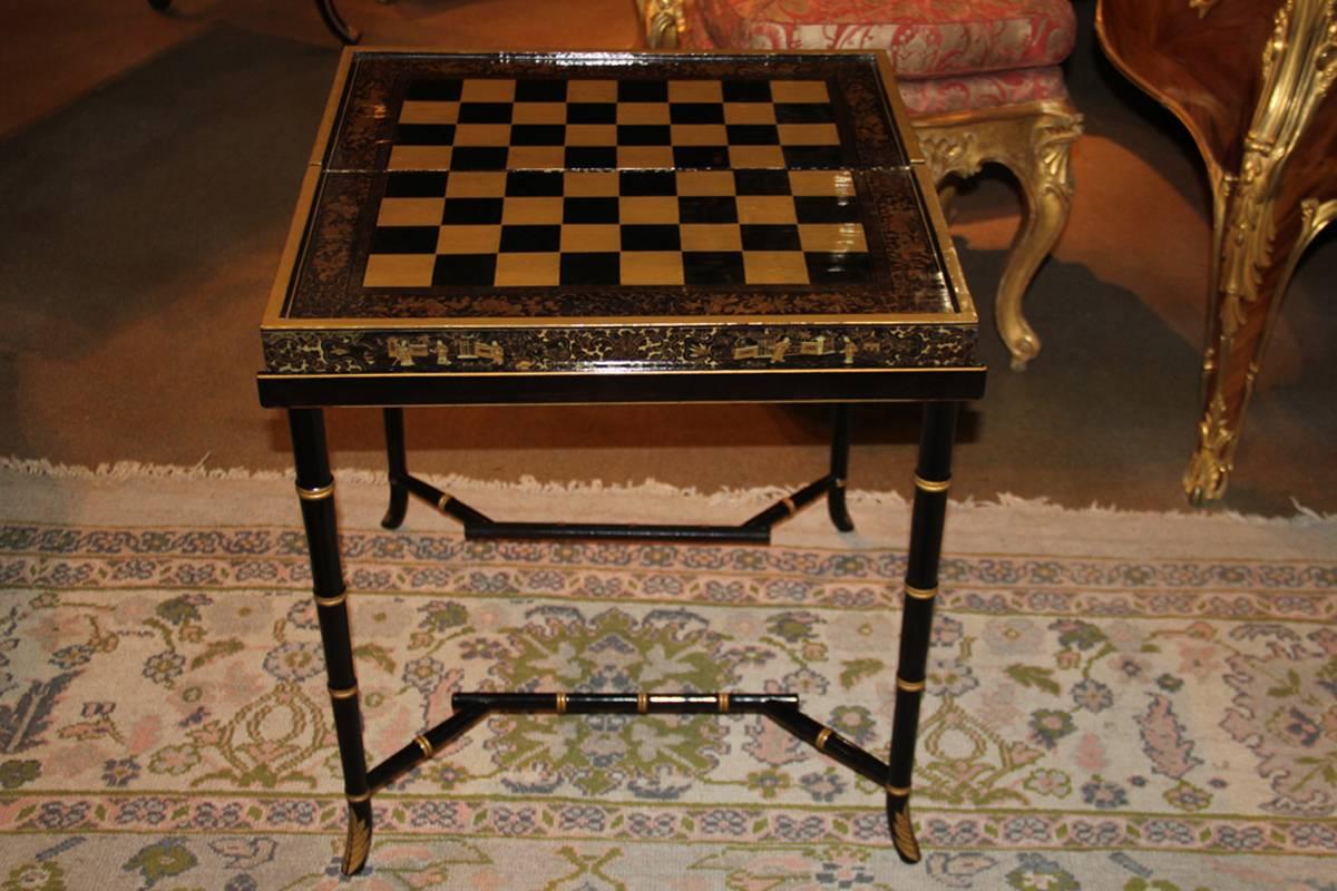 19th Century English Import Chinoiserie Black Lacquer Games or Cocktail Table In Excellent Condition For Sale In San Francisco, CA