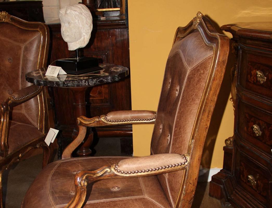 Leather Pair of 18th Century Italian Louis XV Walnut and Parcel-Gilt Armchairs For Sale