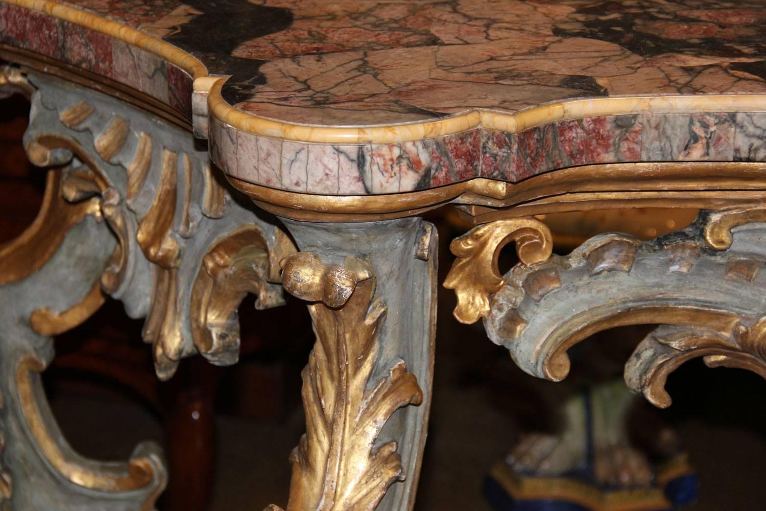 Italian 18th Century Venetian Rococo Pale Blue Polychrome and Parcel-Gilt Console For Sale
