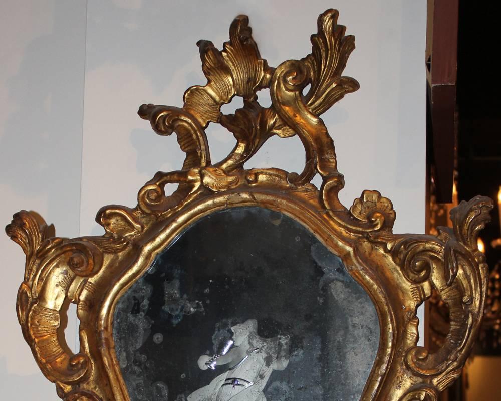 18th Century and Earlier Pair of 18th Century Giltwood and Etched Looking Glass Venetian Mirrors For Sale