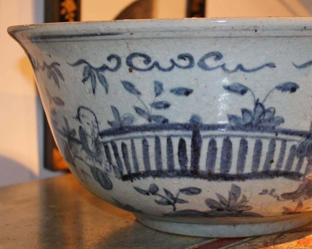 Large 19th Century Rustic Chinese Blue and White Glazed Bowl For Sale 4