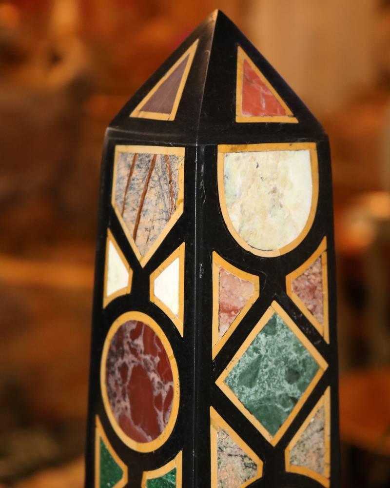 Italian Colorful Pair of Specimen Marble and Other Semi-Precious Stone Obelisks For Sale