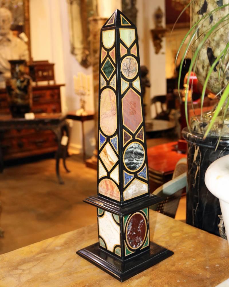 Colorful Pair of Specimen Marble and Other Semi-Precious Stone Obelisks In Excellent Condition For Sale In San Francisco, CA