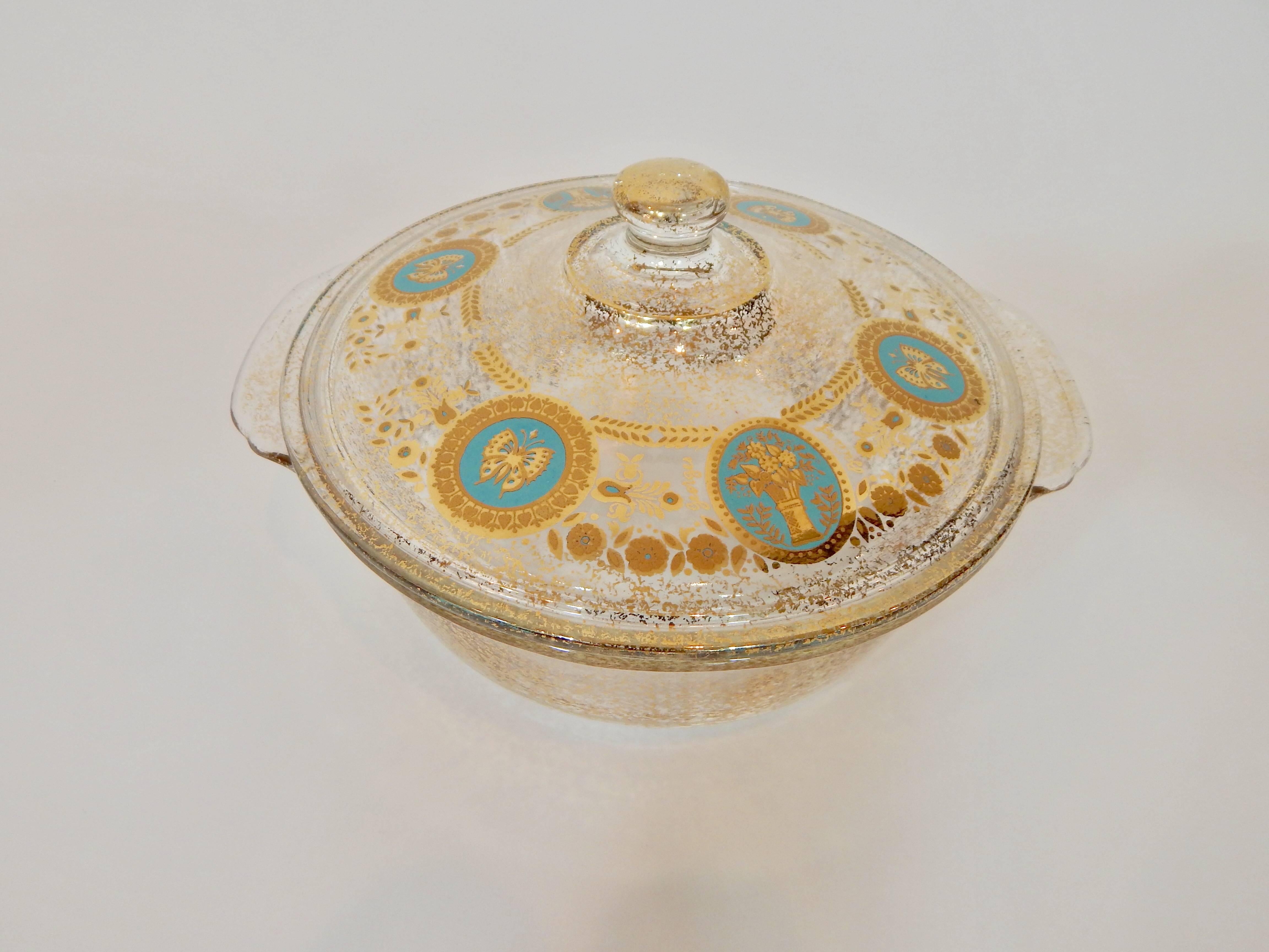 1950s signed Georges Briard gilded gold covered casserole serving dish or bowl. Turquoise blue accents. Excellent condition.