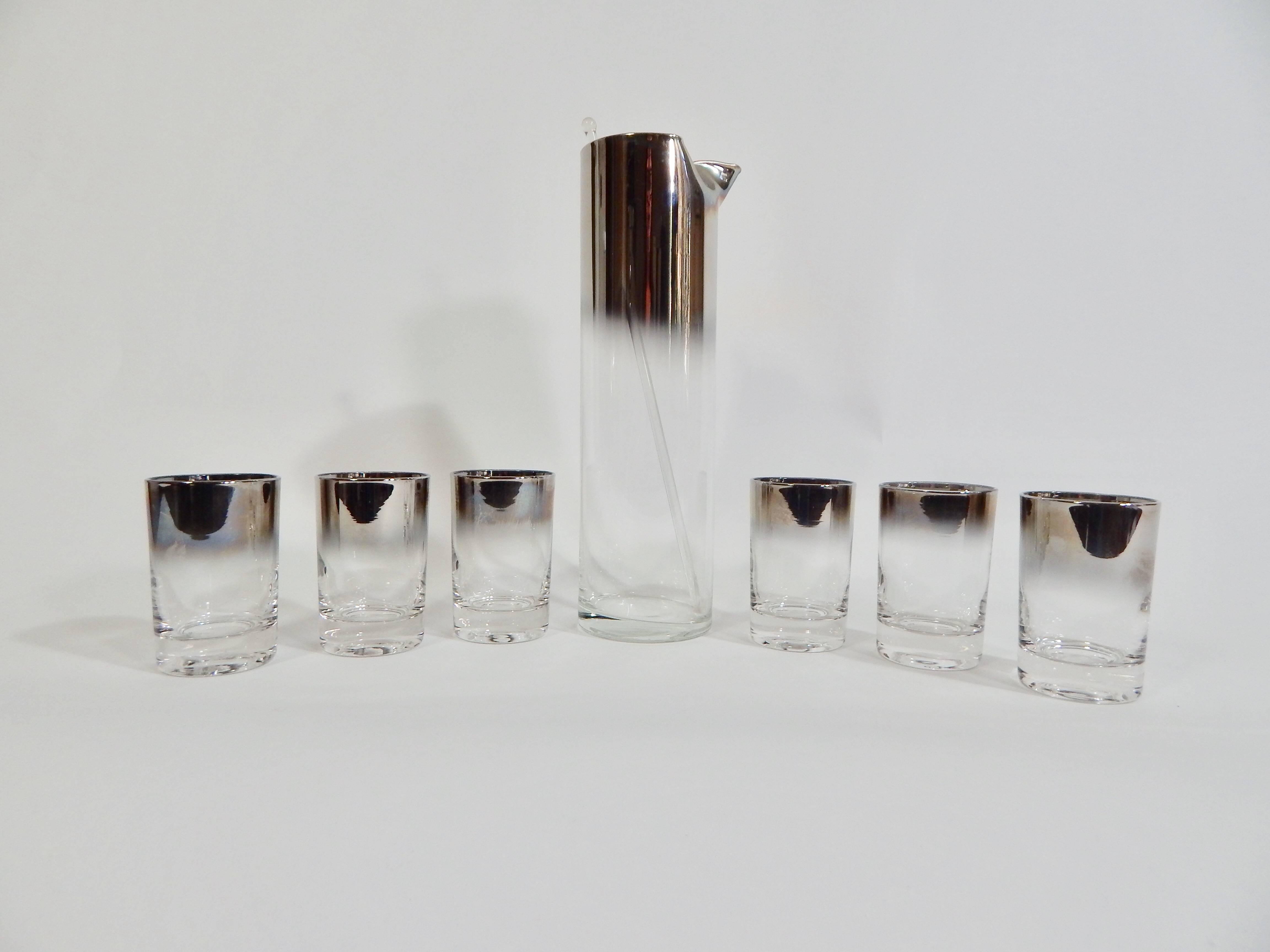 Mid-Century Modern Dorothy Thorpe Style Silver Glass Bar Set