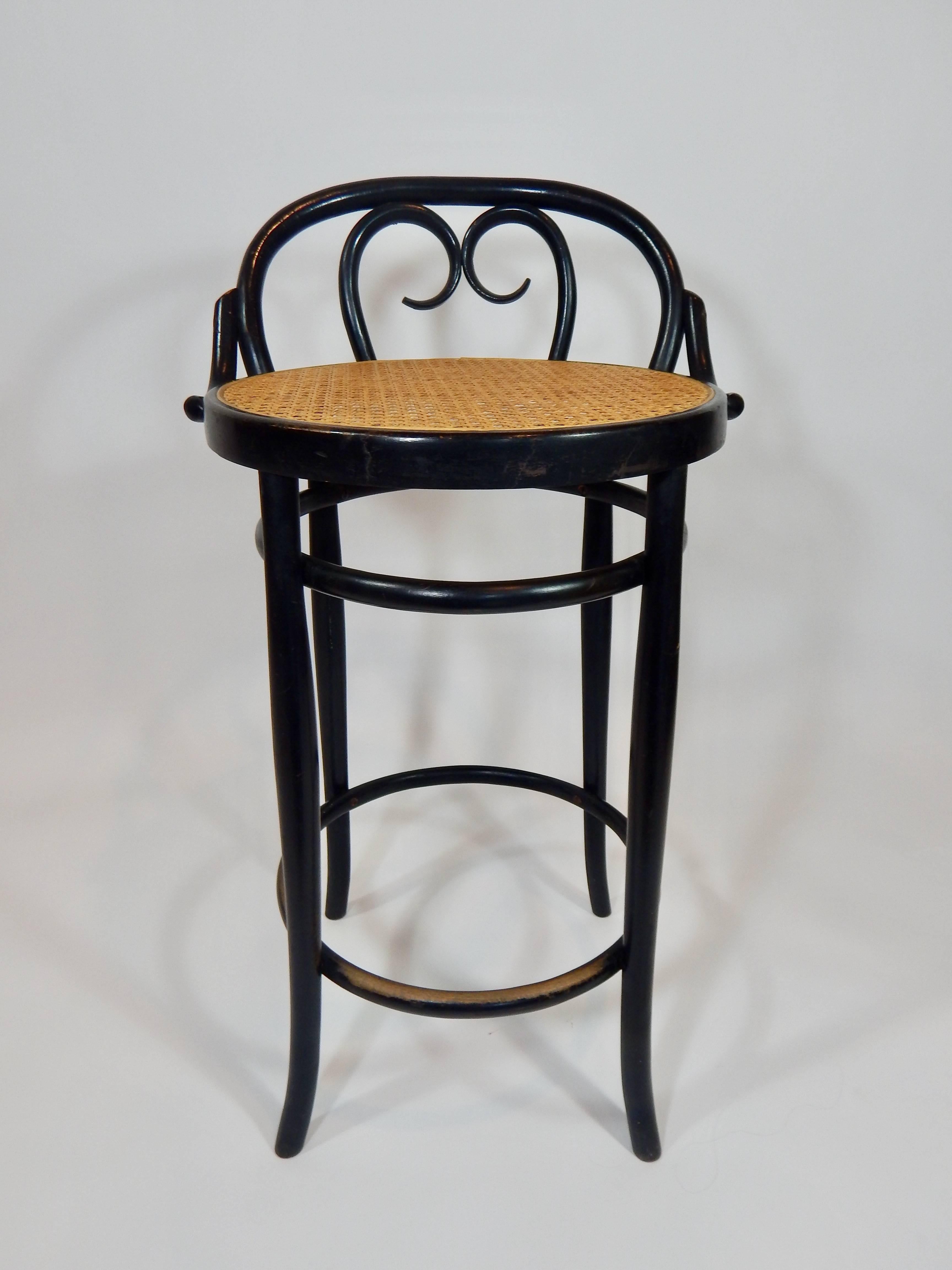 Wood Italian Antique Black Bentwood and Cane Cafe Stool