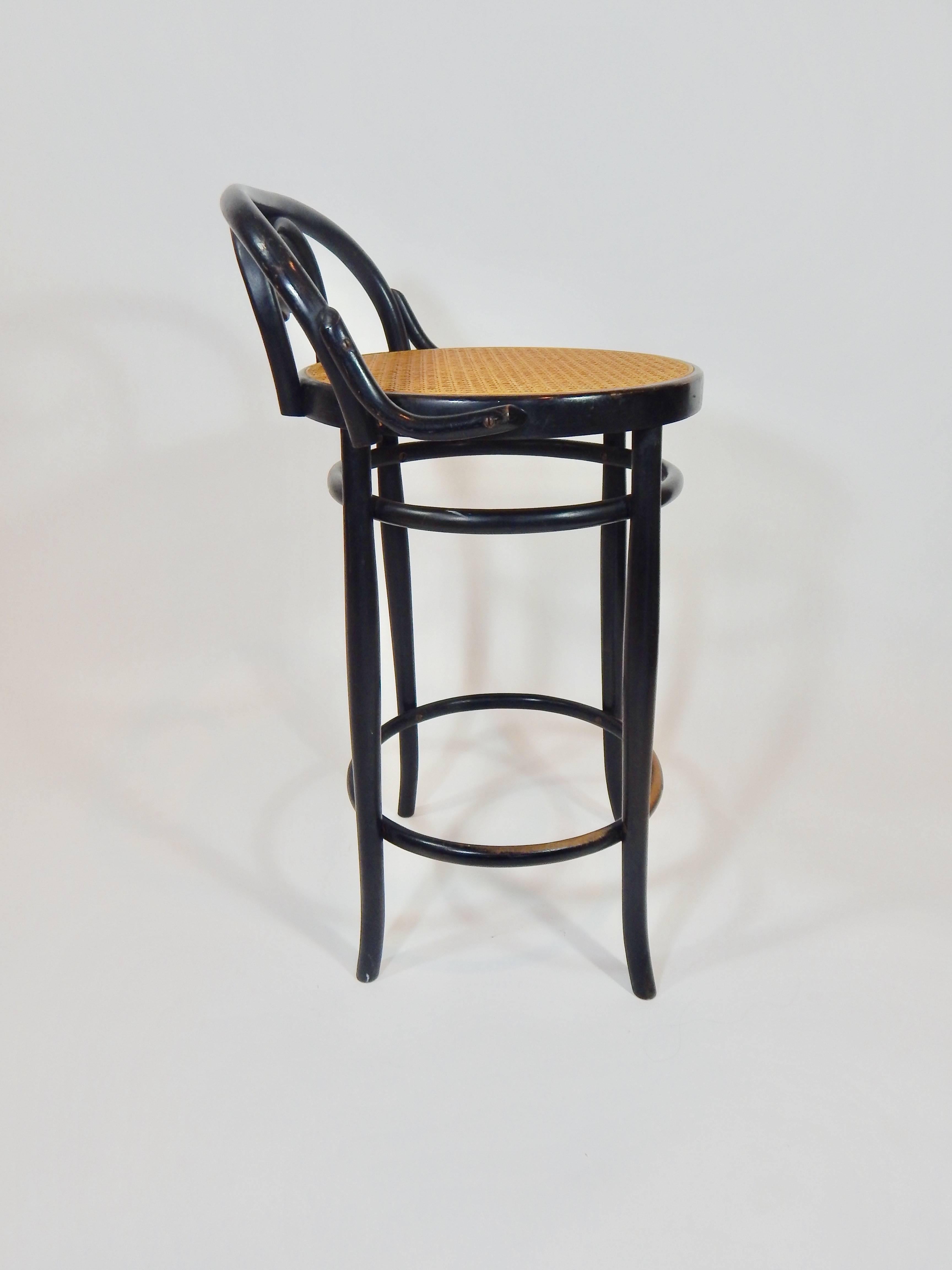 Italian Antique Black Bentwood and Cane Cafe Stool 1
