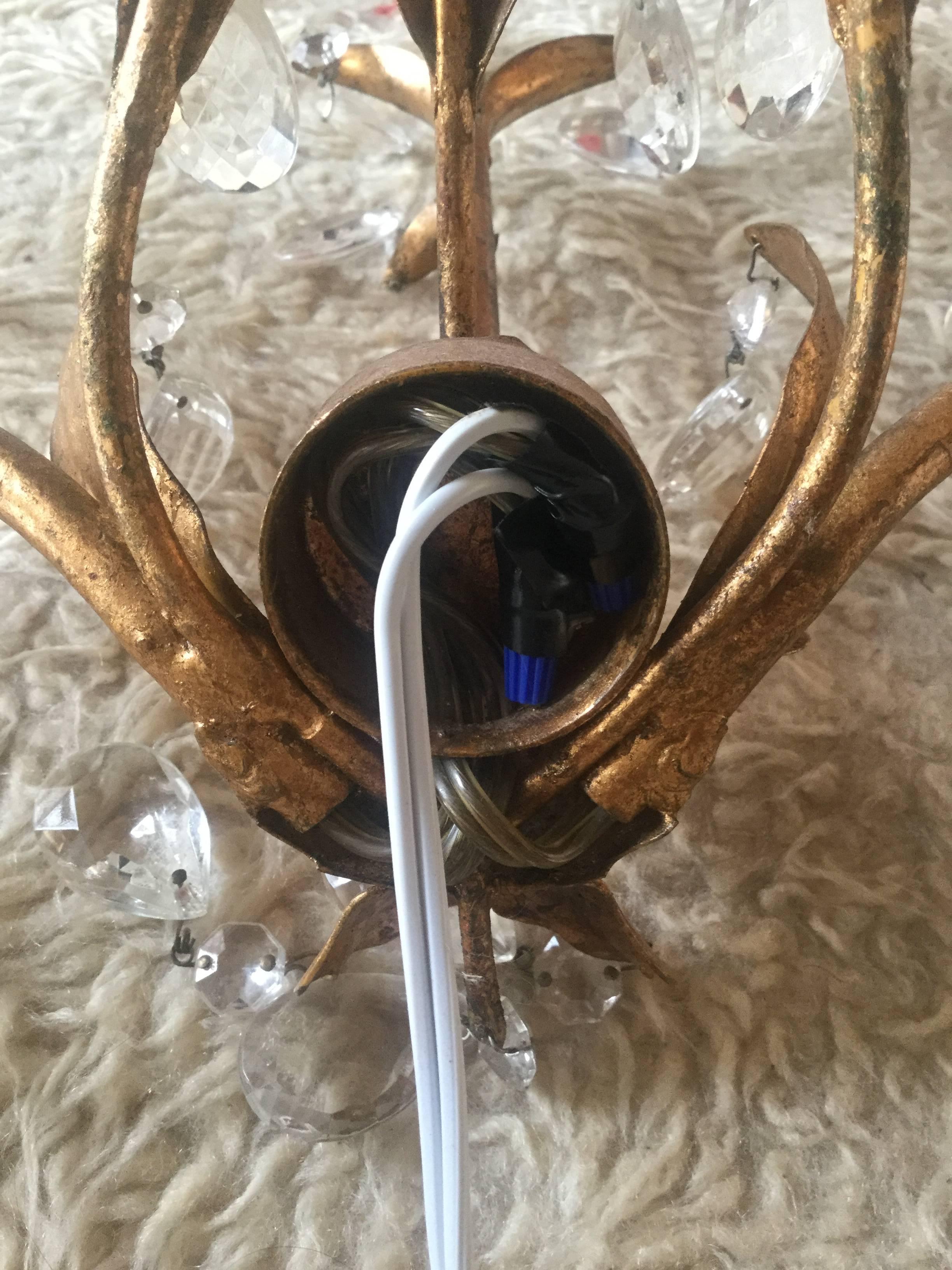 Pair of Italian Mid Century Gilded Crystal Lighted Wall Sconces For Sale 3