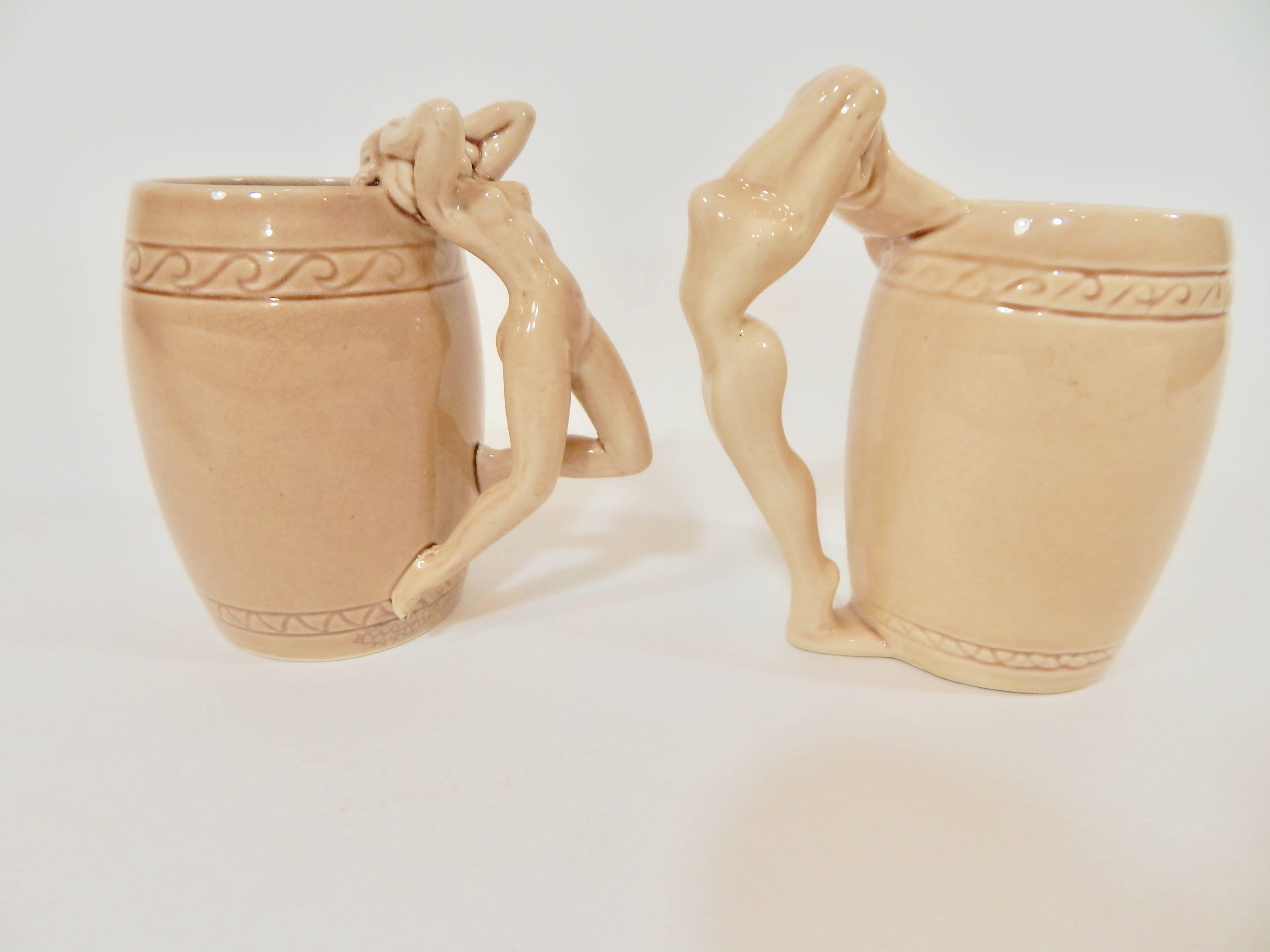 1940s signed pair of glazed ceramic nude mugs by Dorothy Kindell (1909-1961) known as the naughty potter for her 