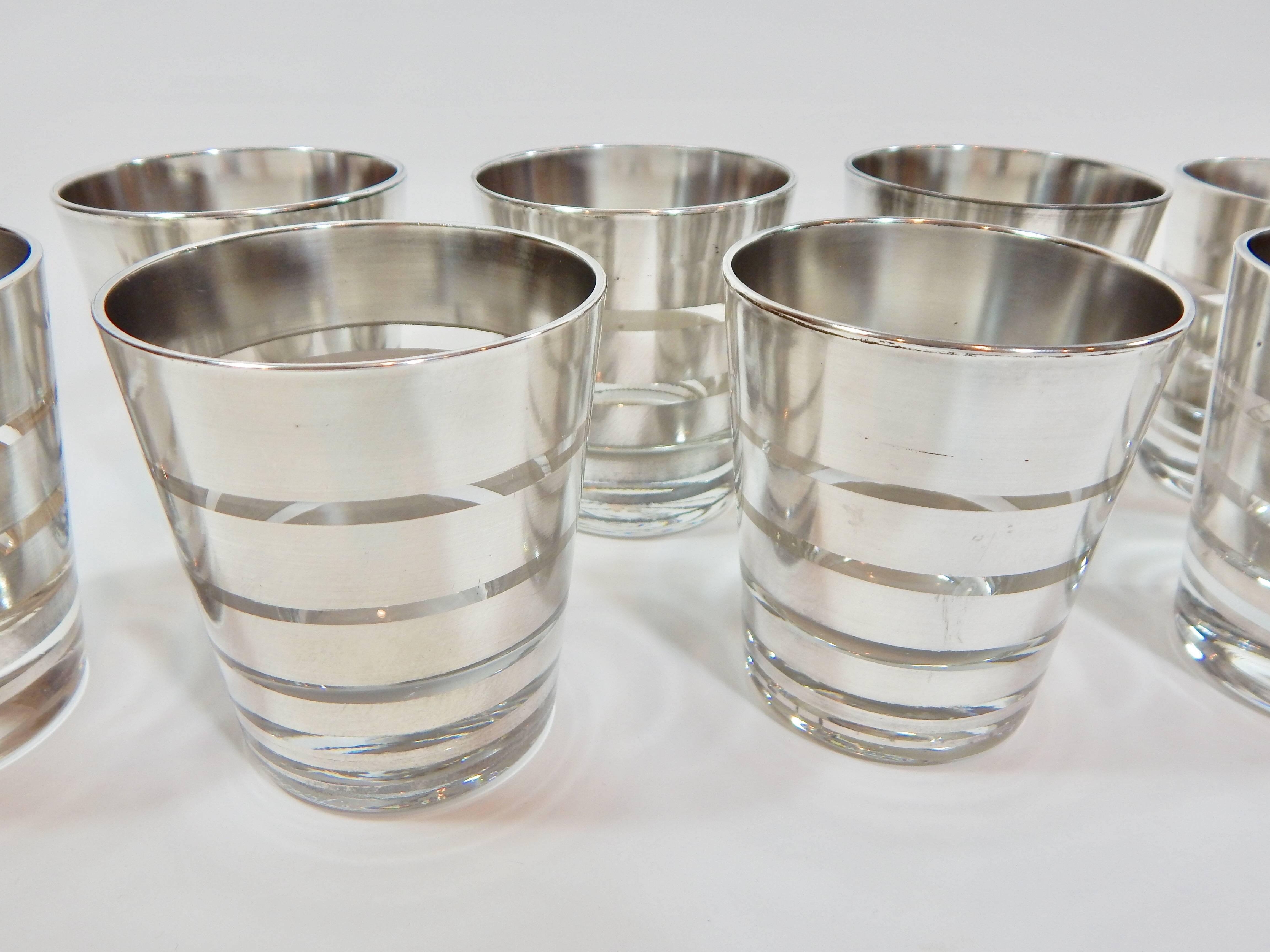Mid-Century 1950s Dorothy Thorpe glasses. Glass in excellent condition with some light wear to silver. We also have a matching set of 10 Cordial Glasses listed seperatly.