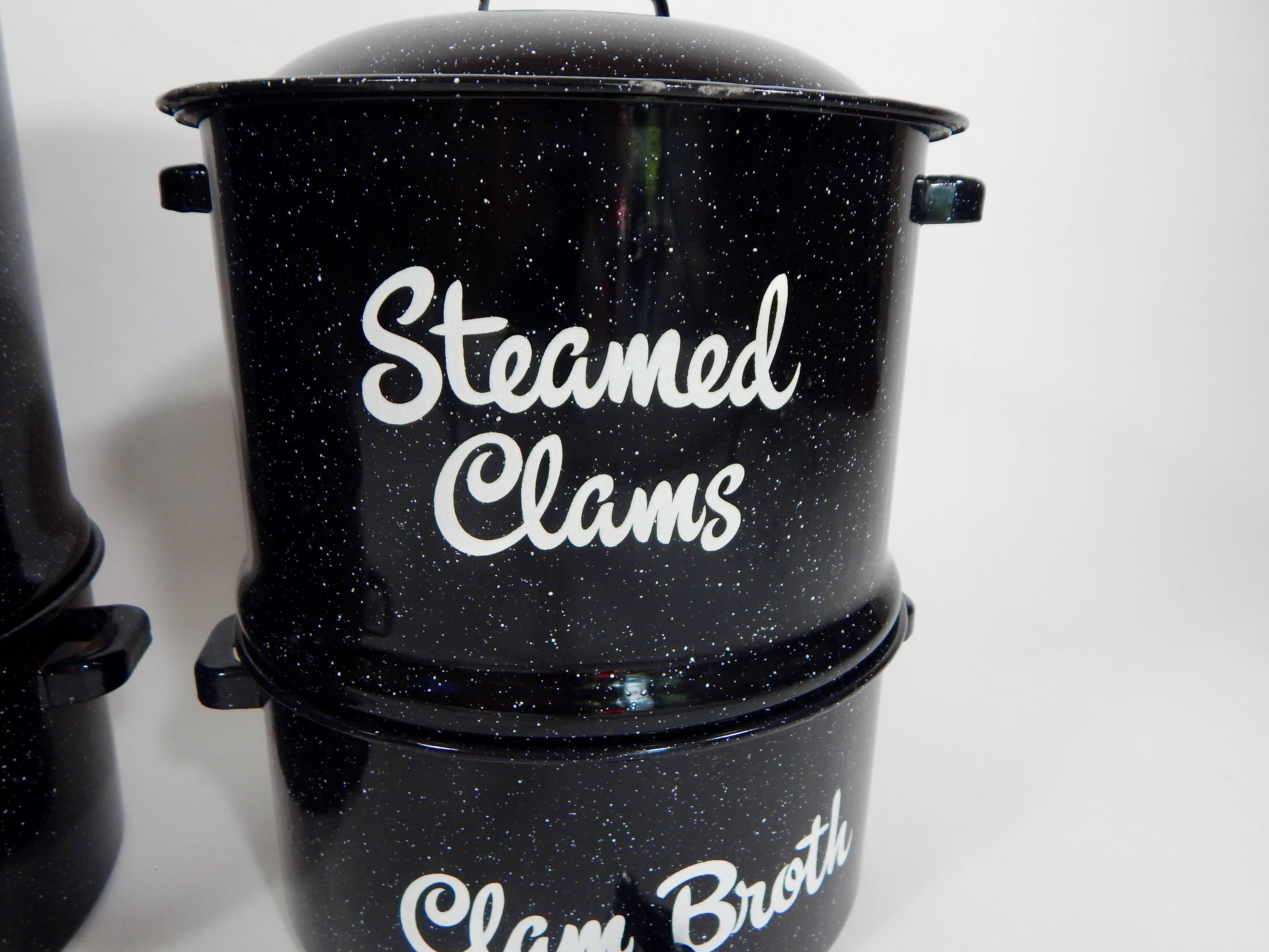 1950s-1960s Mid-Century black enamel clam steamer pots. Double tier. Graniteware. Perfect for clambakes or for display events purposes.