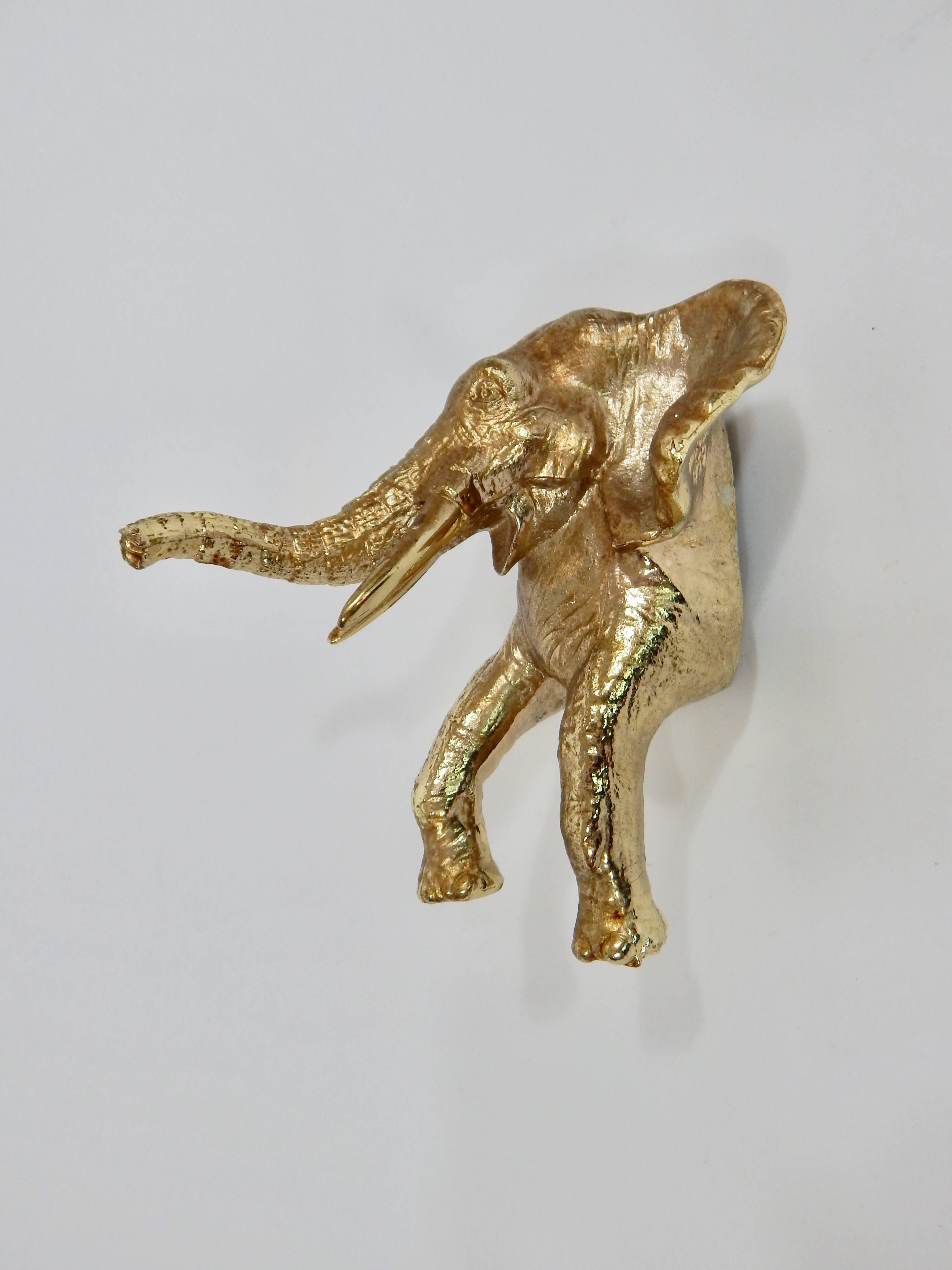 Regency 1950s Gold Gilded Cast Iron Elephant Wall Sculpture Wall Mount Handle