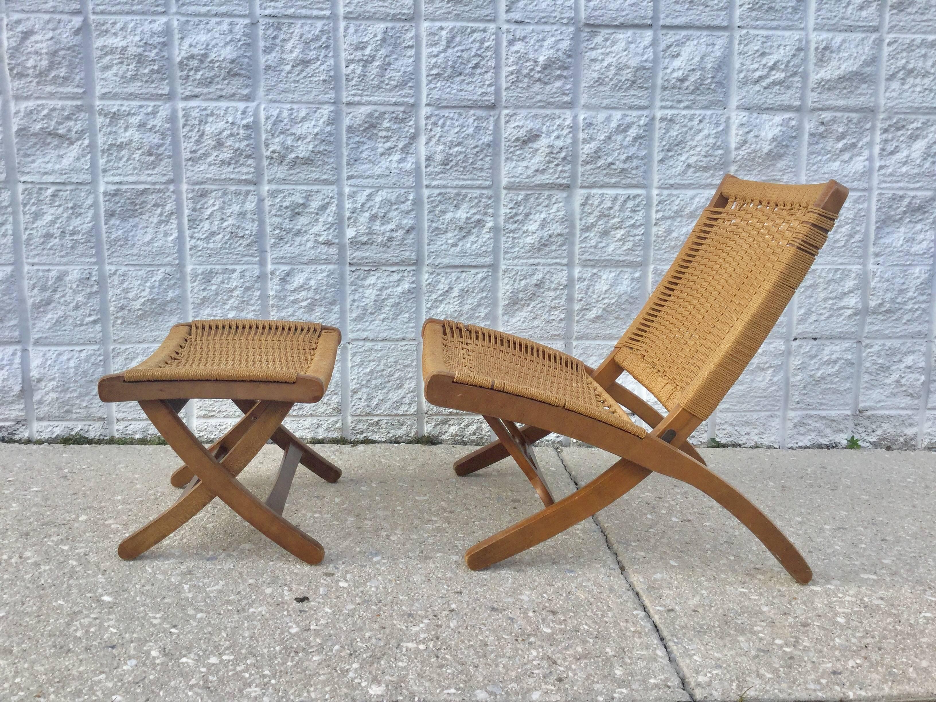 20th Century Woven Folding Chair and Ottoman