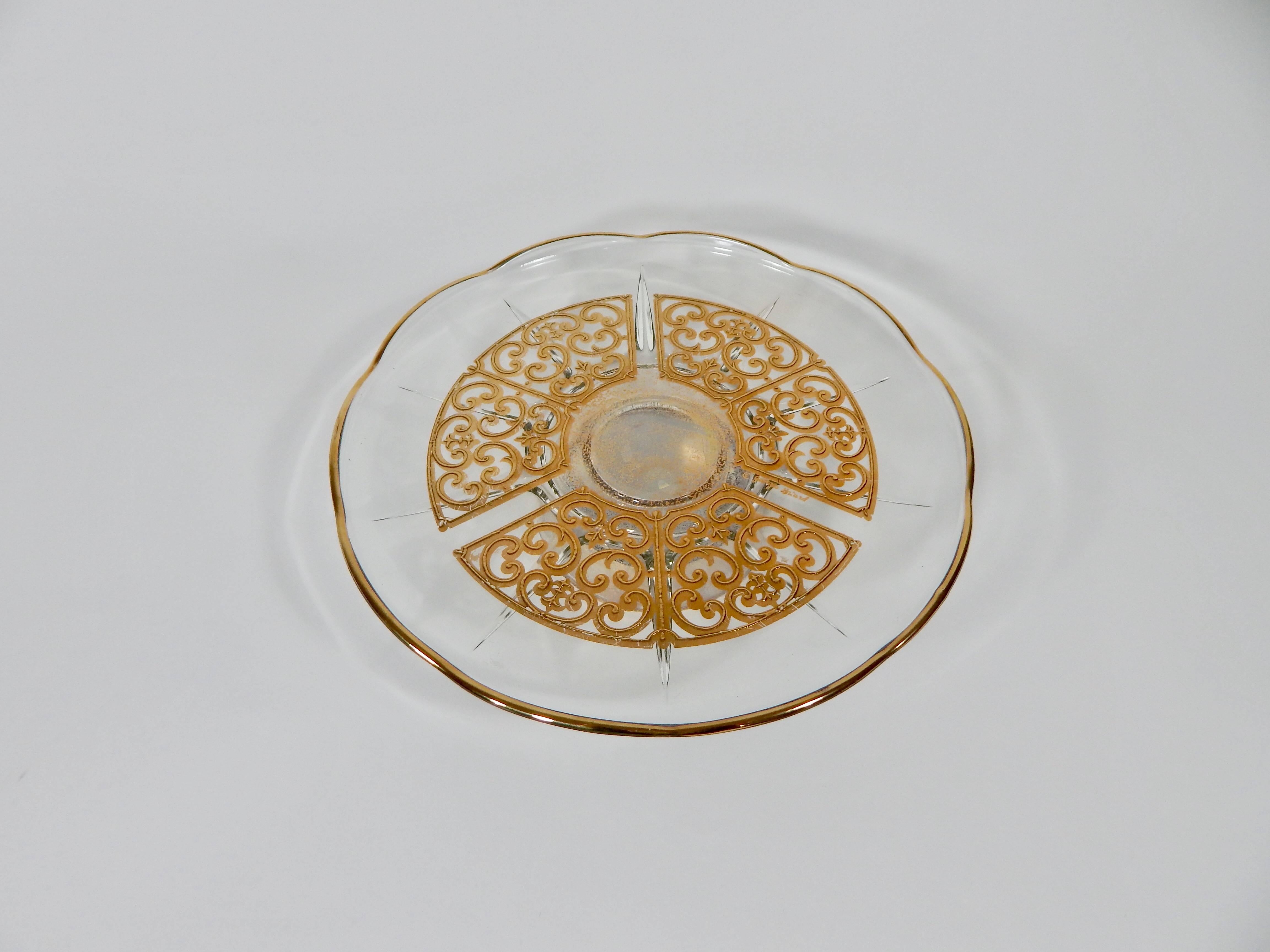Cake, dessert or pastry plate by Georges Briard, Glass with ornate gold design, Midcentury, 1960s.
    