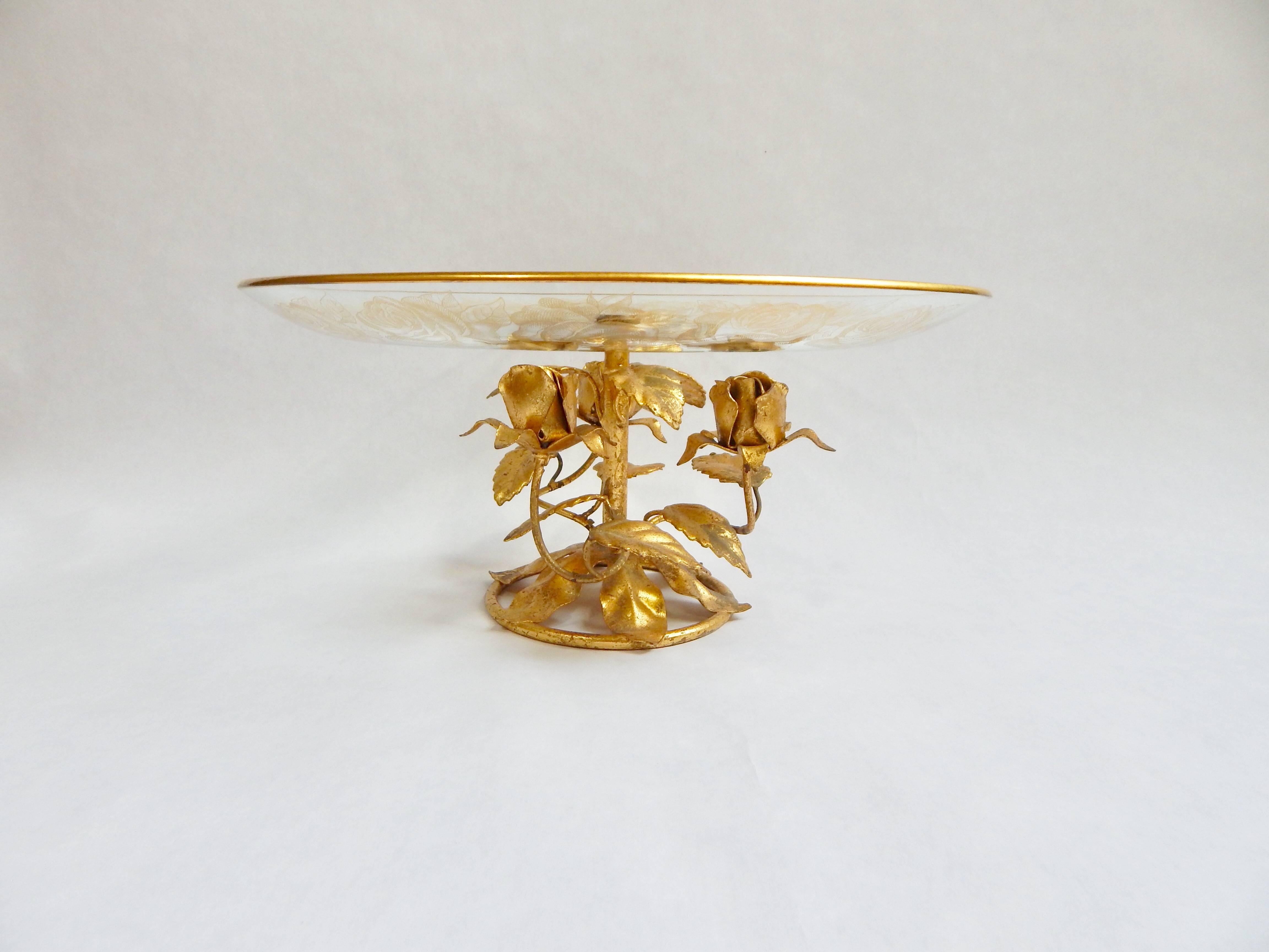 Midcentury 1960s Italian desert stand or plate. Gilt metal floral base with glass plate with gilded trim and floral print. Excellent condition.