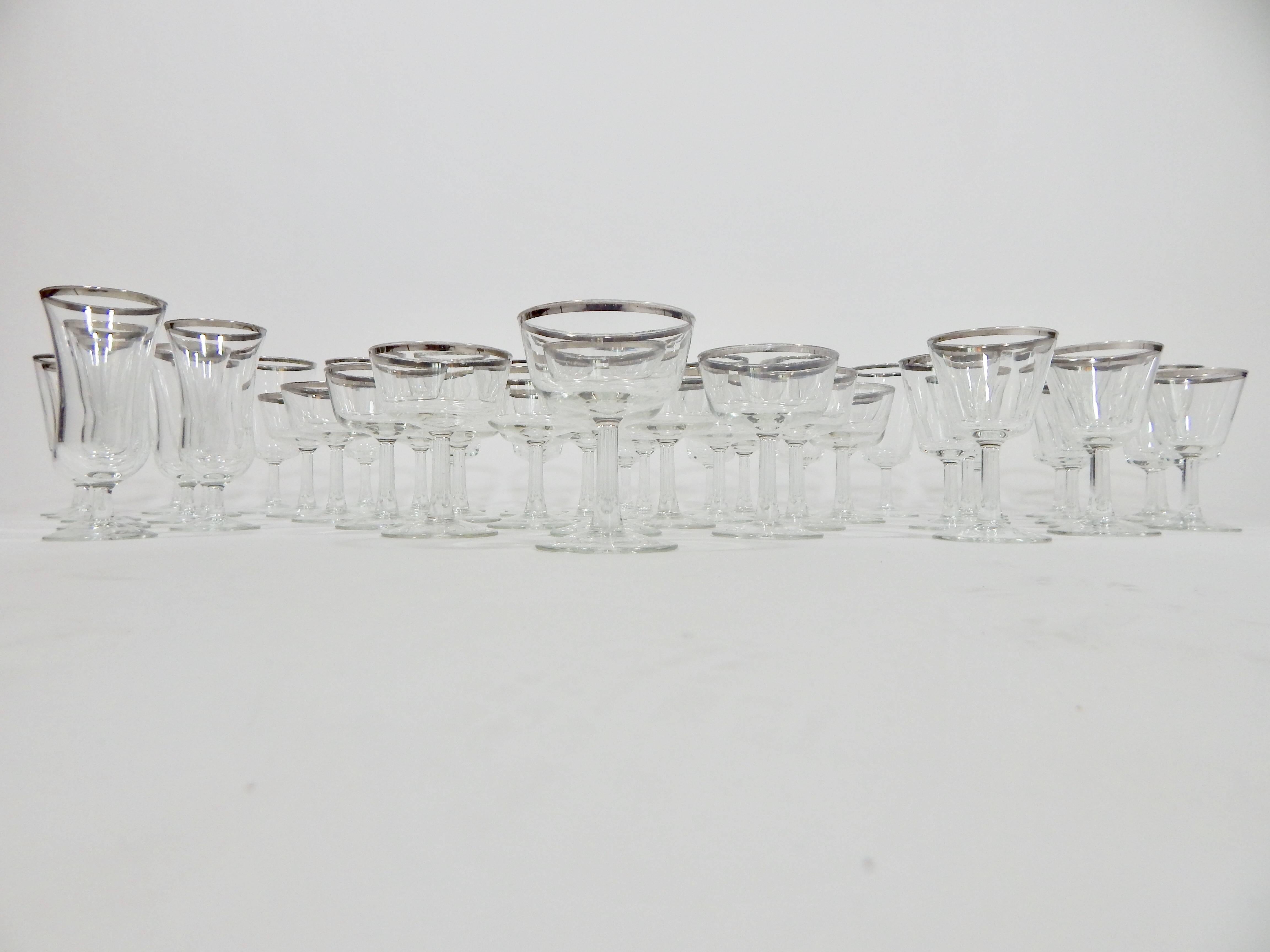 20th Century 67 Piece Set of French Silver Rimmed Glassware