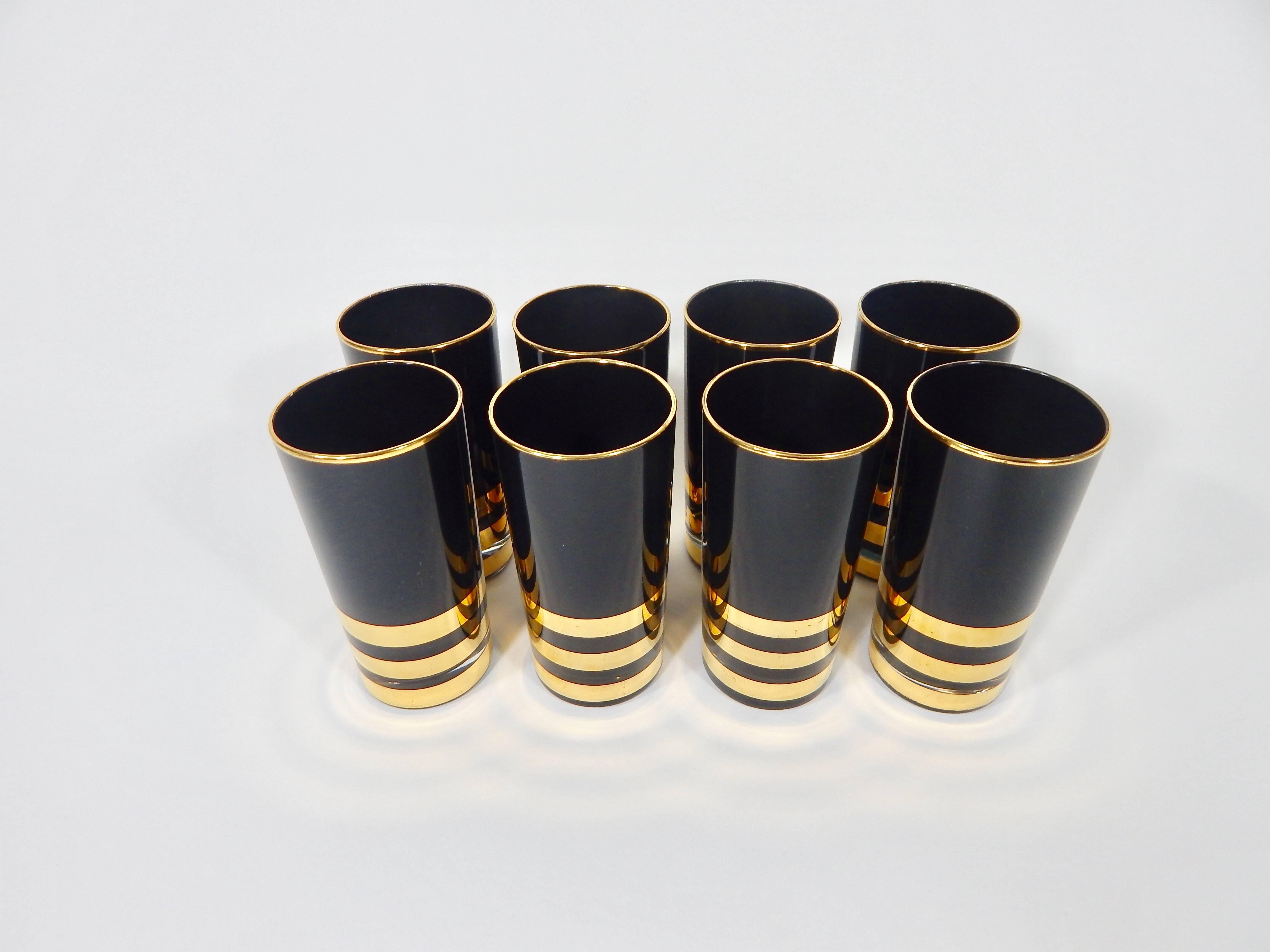 Mid-Century Modern Black and Gold Glasses Set of Eight