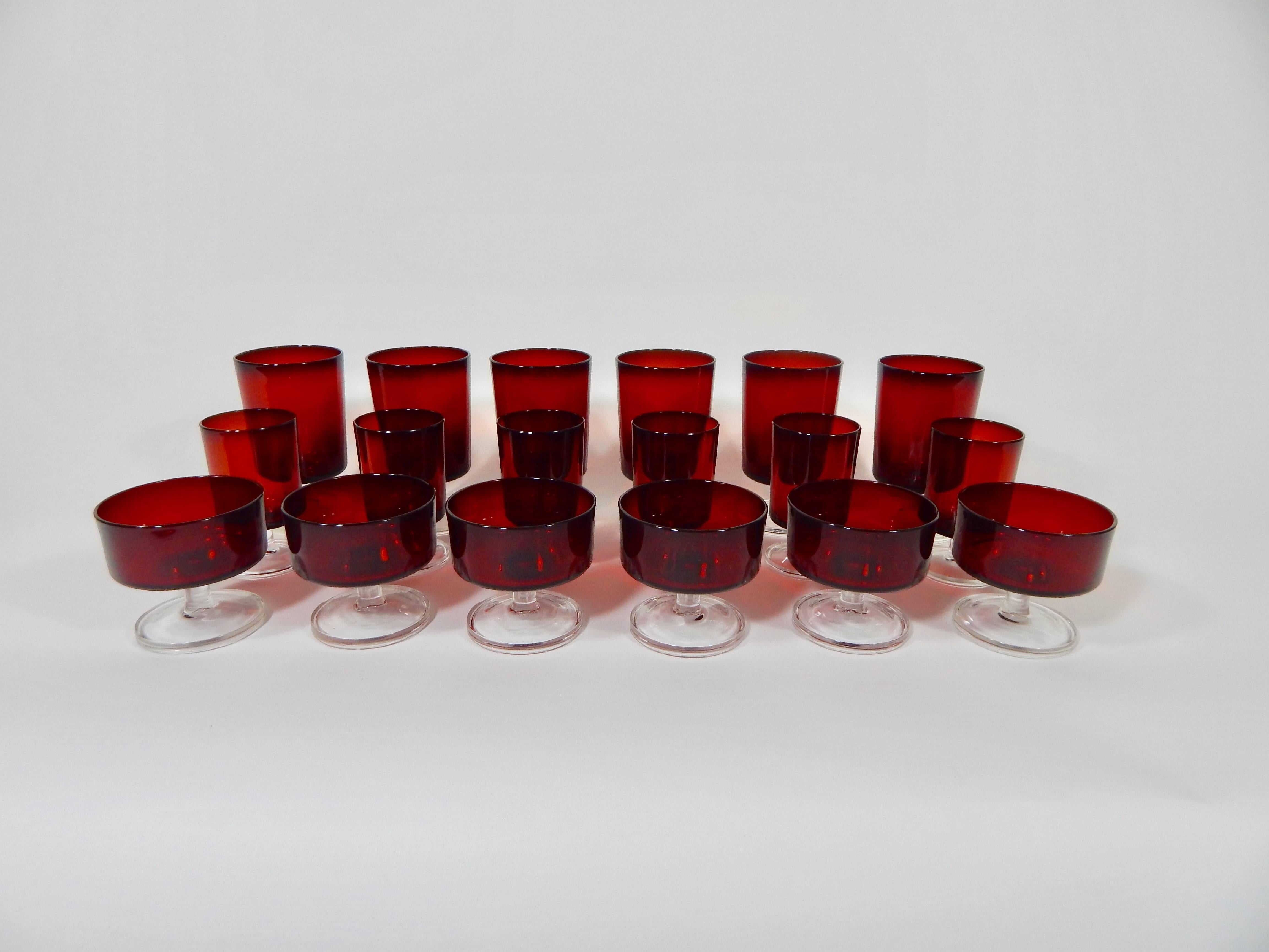 Midcentury Cocktail glasses. Total of 36 pieces. 12 of each size or setting for 12.  All marked France. Beautiful color of Ruby red with clear glass base and stems. Perfect addition for any fabulous table setting or bar. Although photo only show 6
