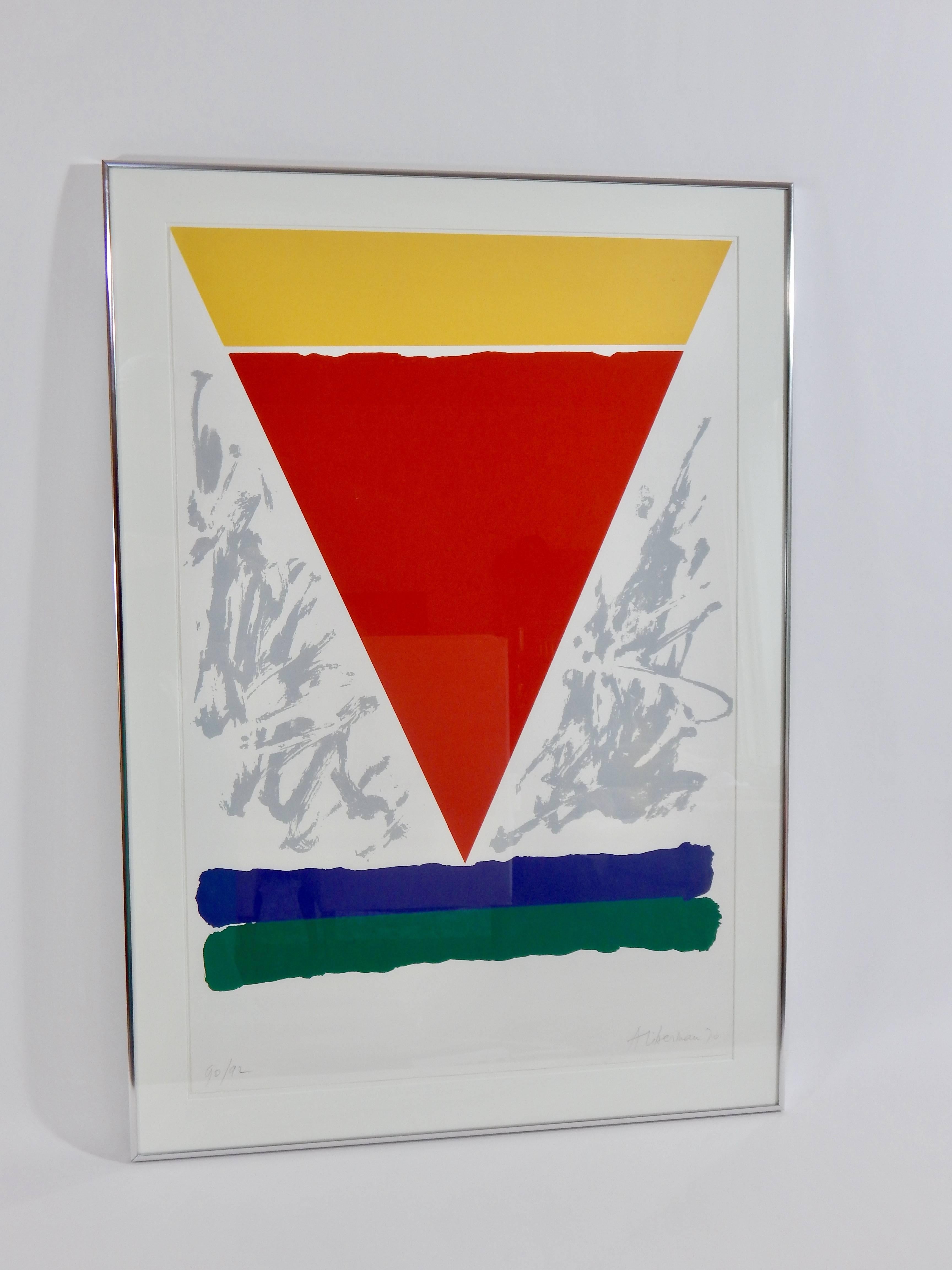 Alexander Liberman, 1970. Signed and numbered lithograph. Bright colors of red, yellow, blue, green and silver. Chrome frame.