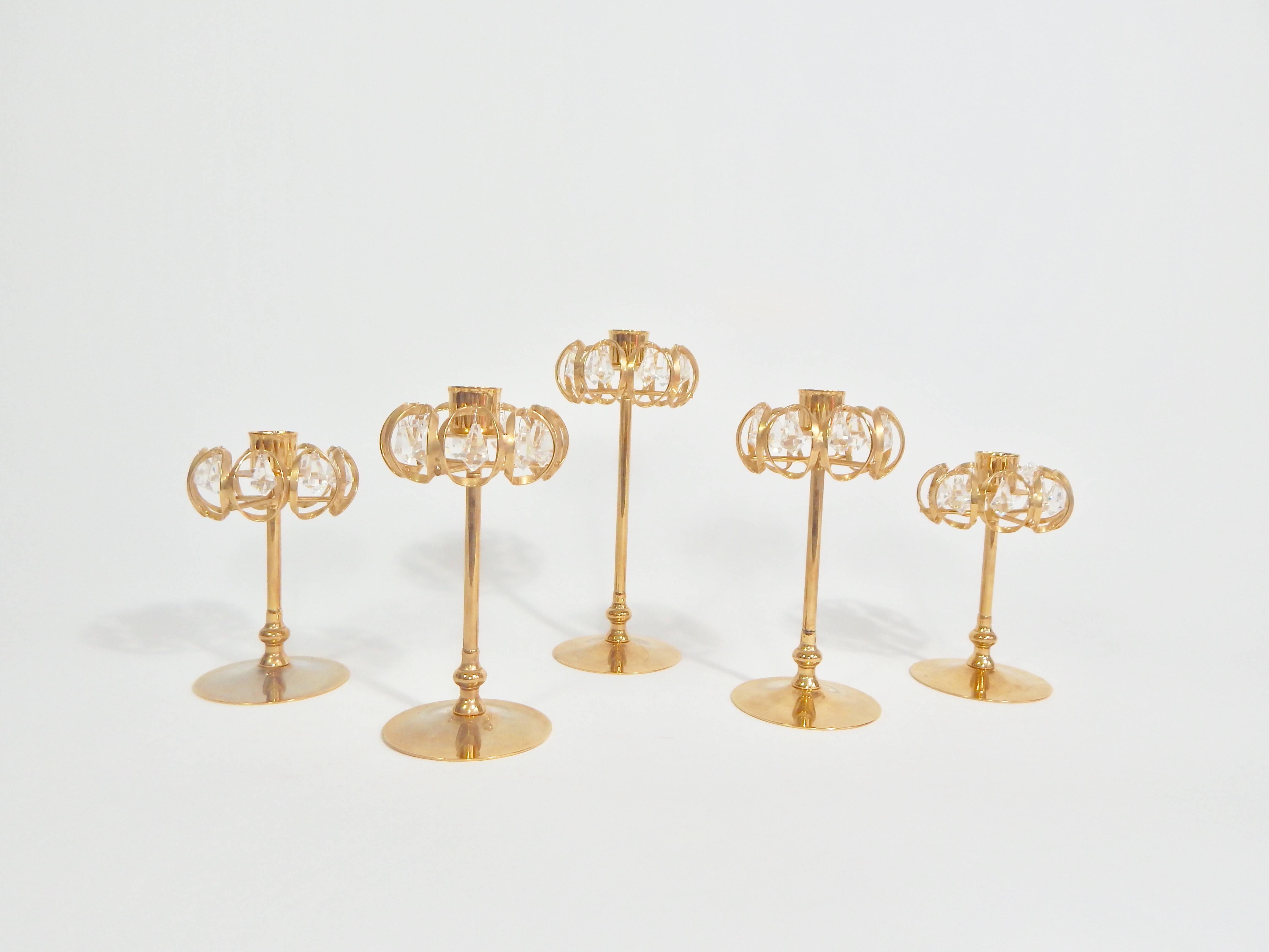 Late 20th Century Gold and Crystal Candleholders by Lycenta, Sweden, Set of Five