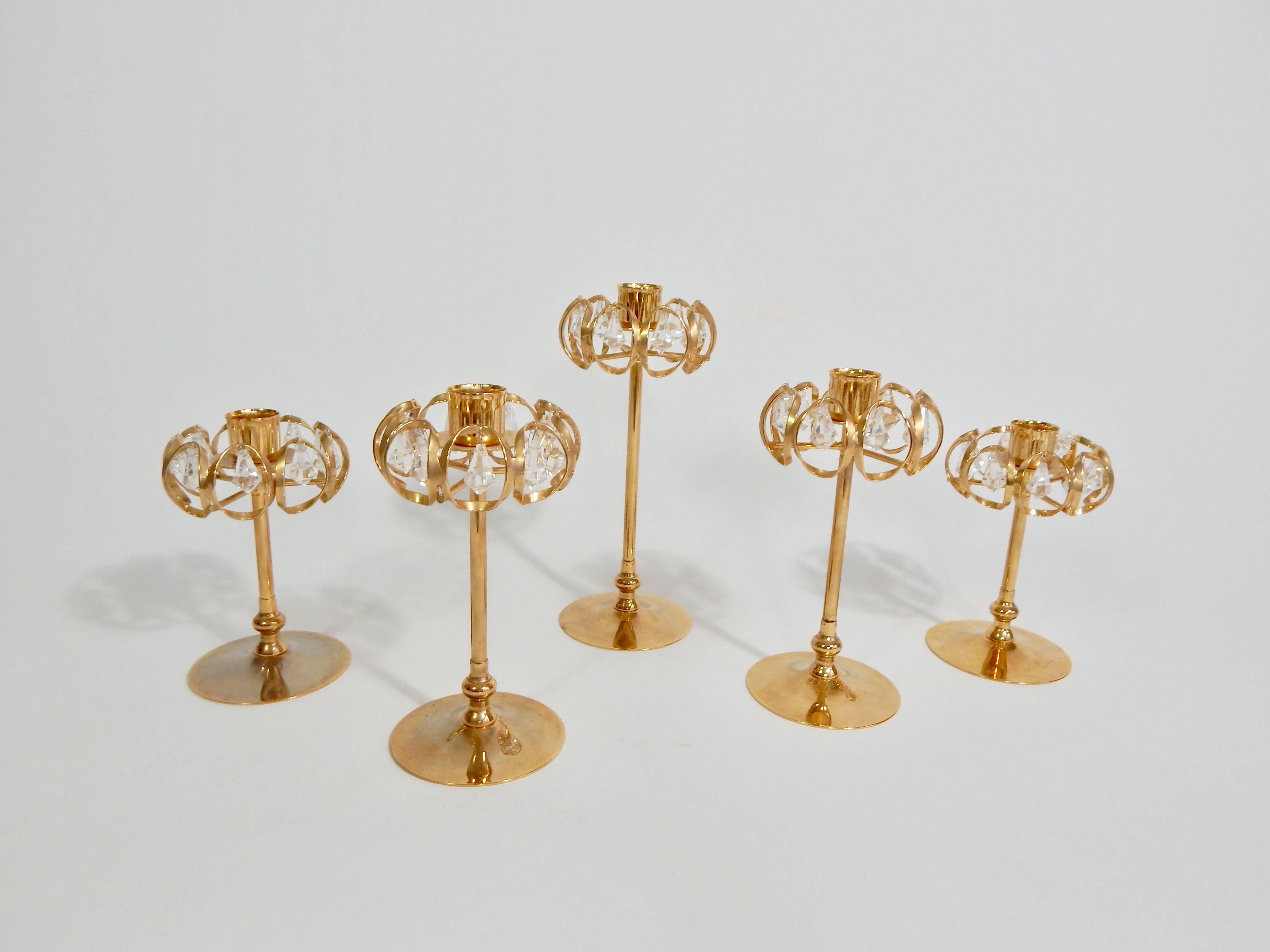 Gold and Crystal Candleholders by Lycenta, Sweden, Set of Five 1