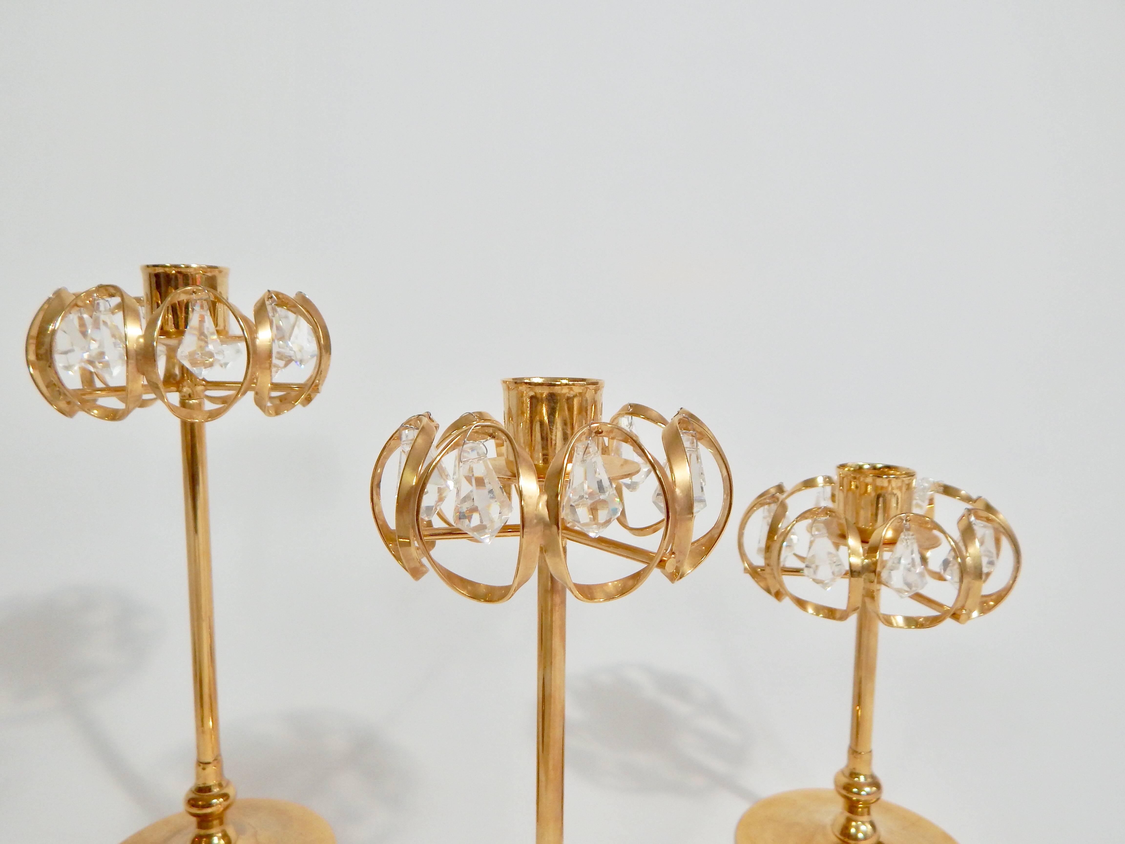 Gold and Crystal Candleholders by Lycenta, Sweden, Set of Five 2