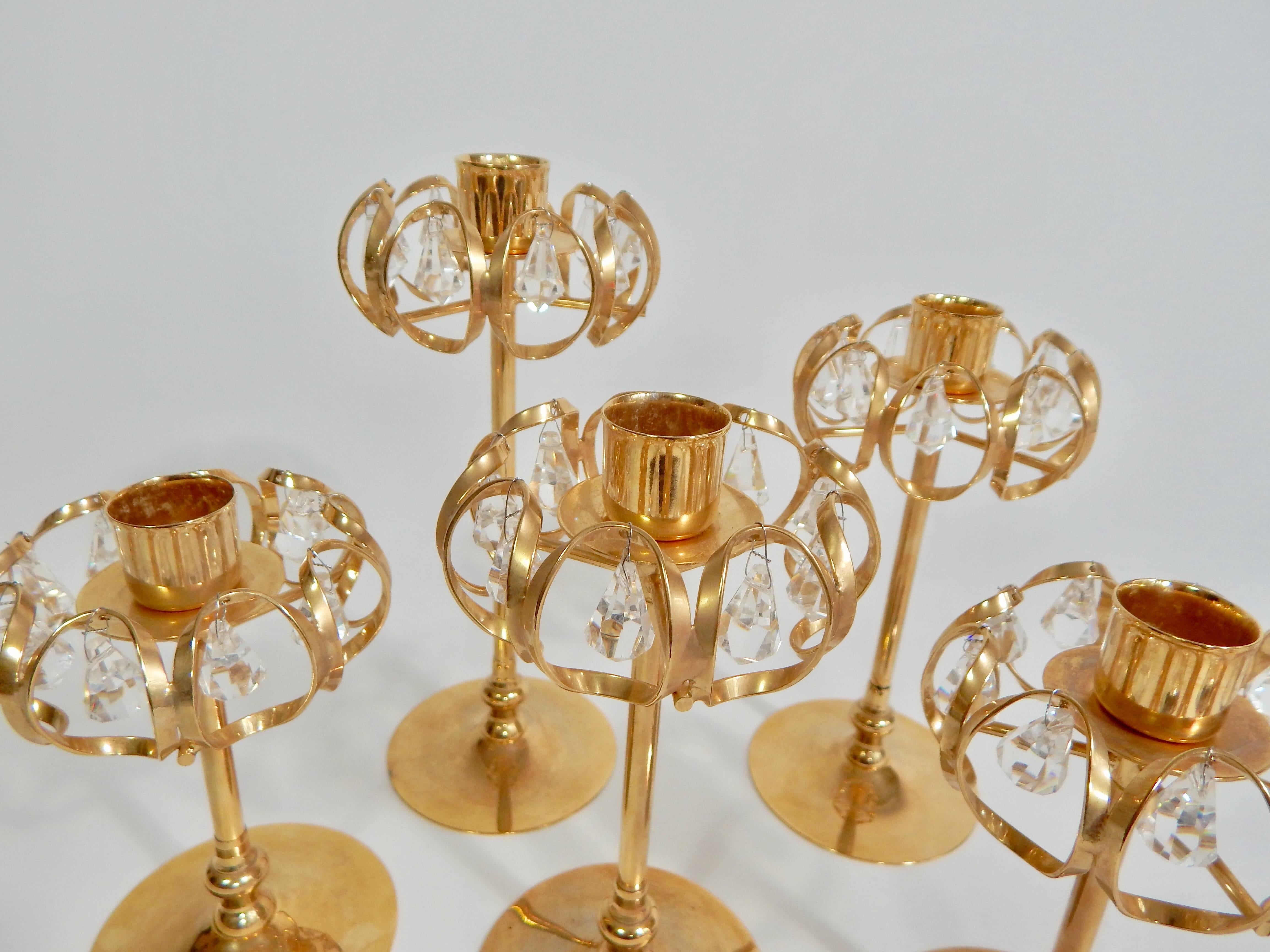 Swedish Gold and Crystal Candleholders by Lycenta, Sweden, Set of Five