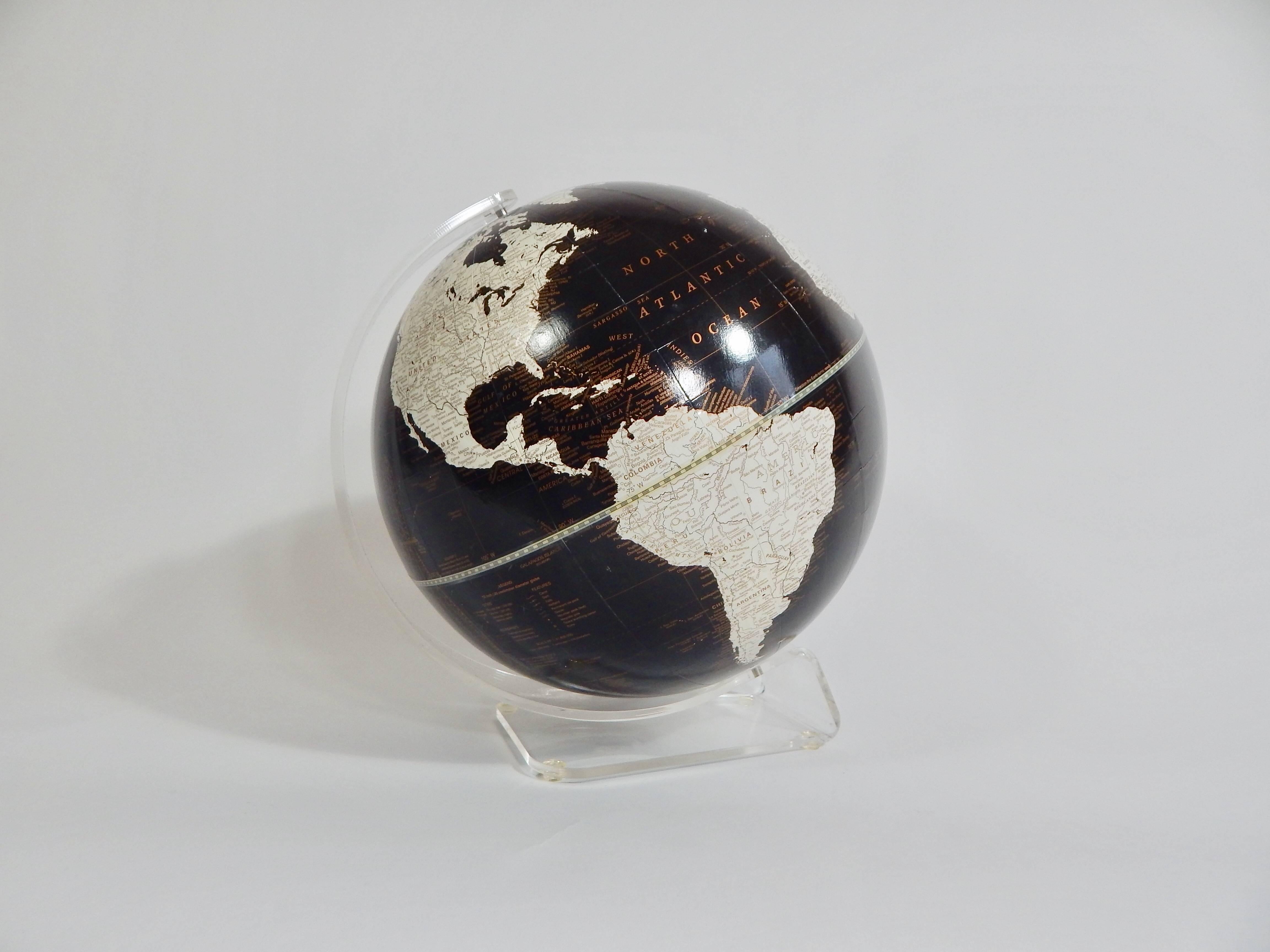 1970s Black and White Globe with Lucite Stand by George F. Cram In Excellent Condition In New York, NY