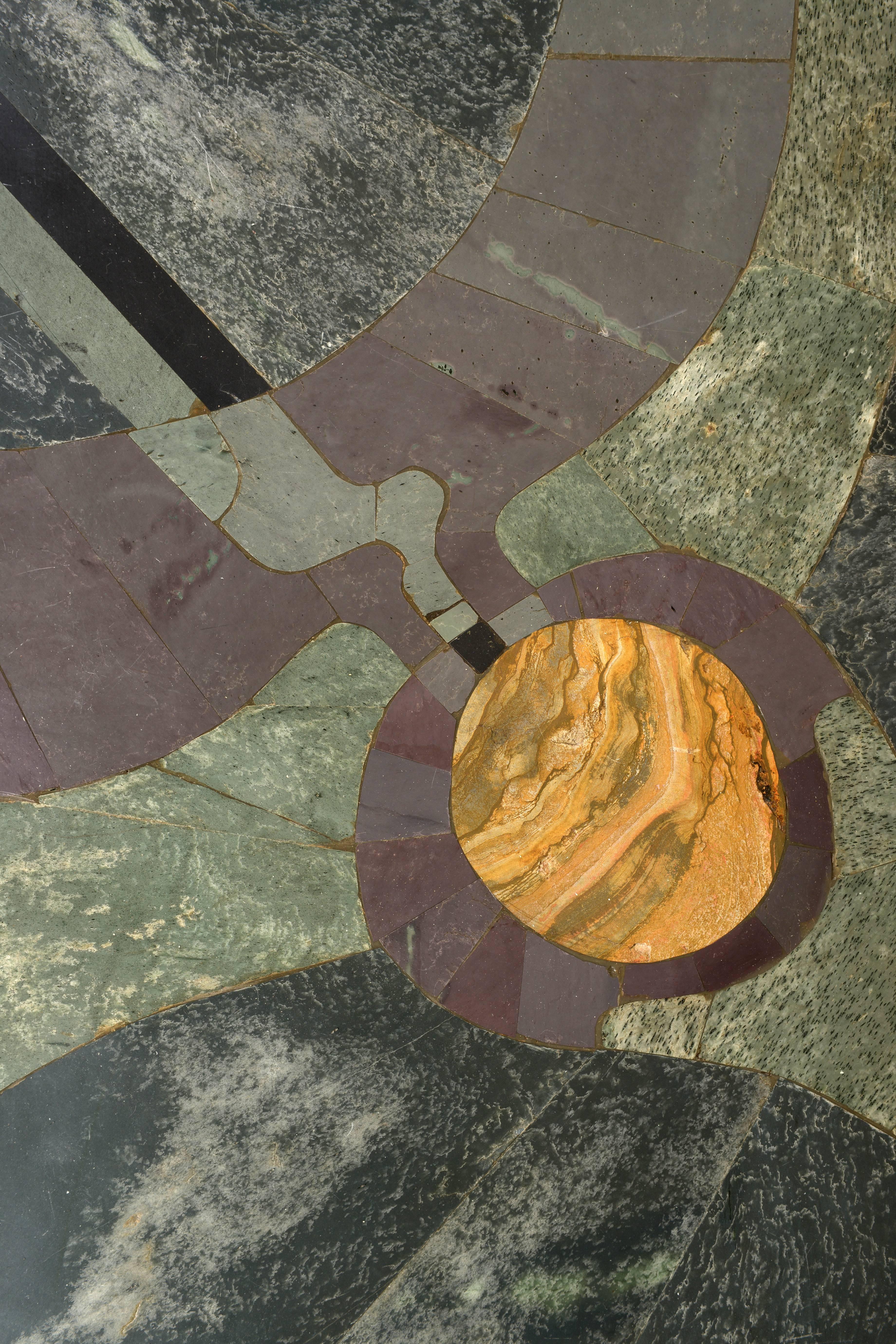 One of a kind slate marquetry occasional table. 
Signed and dated 1975.
