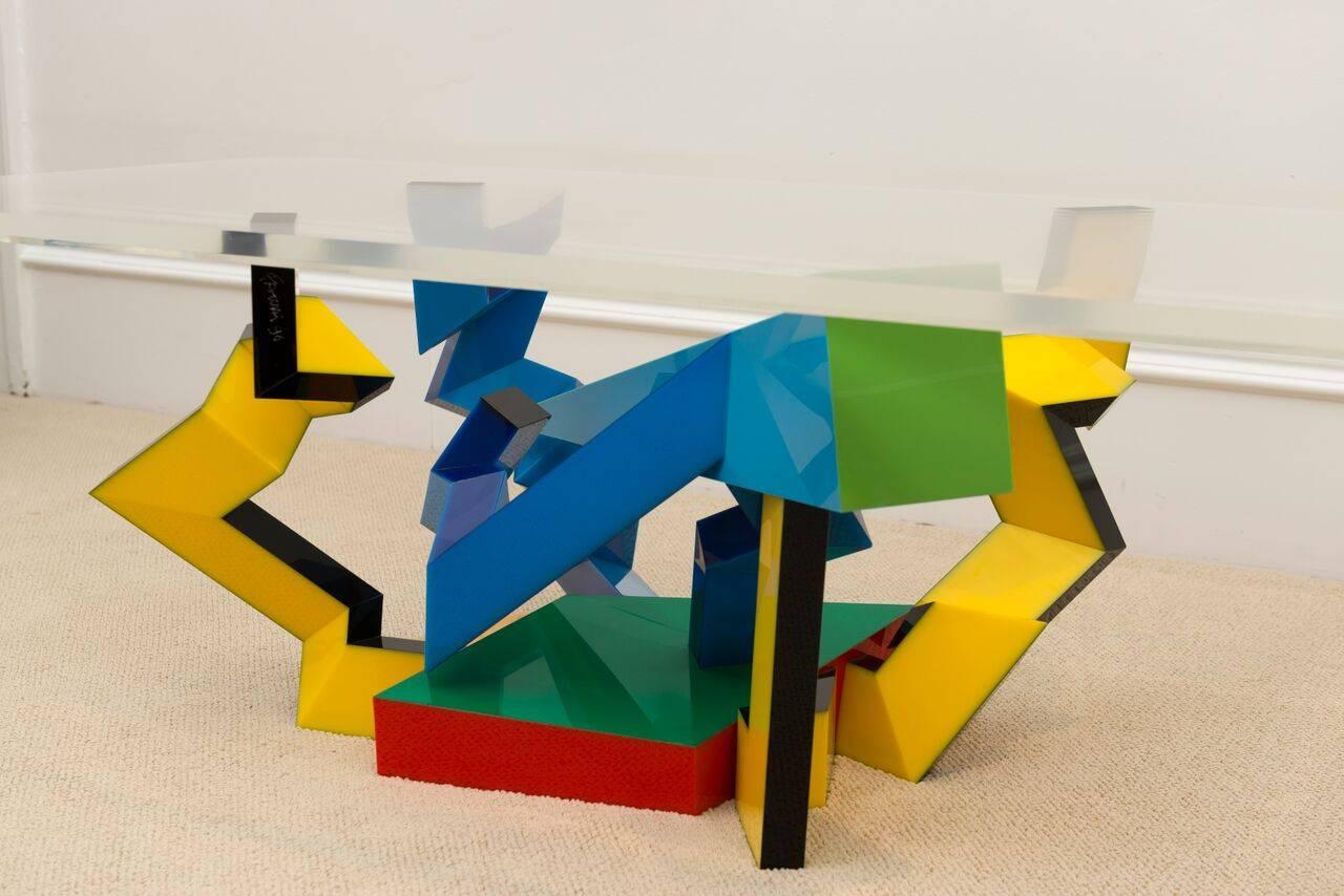 Exceptional, colored plexiglas sculptural cocktail table with acrylic top. 
Signed, Farhi and dated 1996.