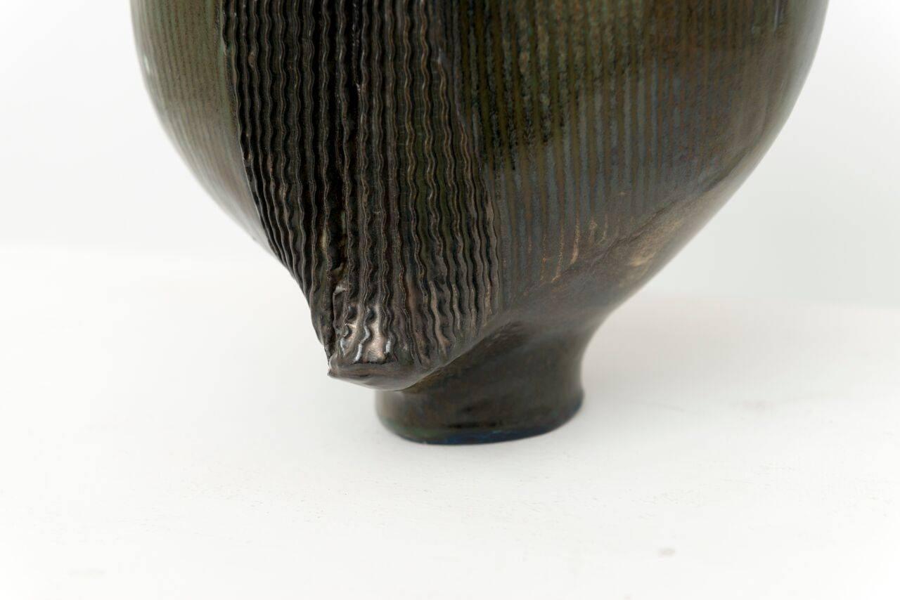 Mid-Century Modern Sassi Milici Dark Green Ceramic Vase For Sale