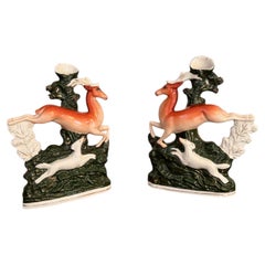 Large pair of antique 19th century Staffordshire deer spill vases